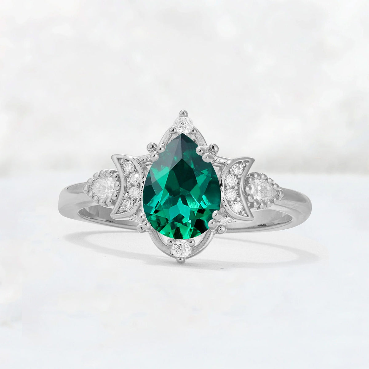 Pear Cut Emerald Butterfly Floral Halo Engagement Ring - Additional view