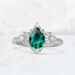 Pear Cut Emerald Butterfly Floral Halo Engagement Ring - Additional view