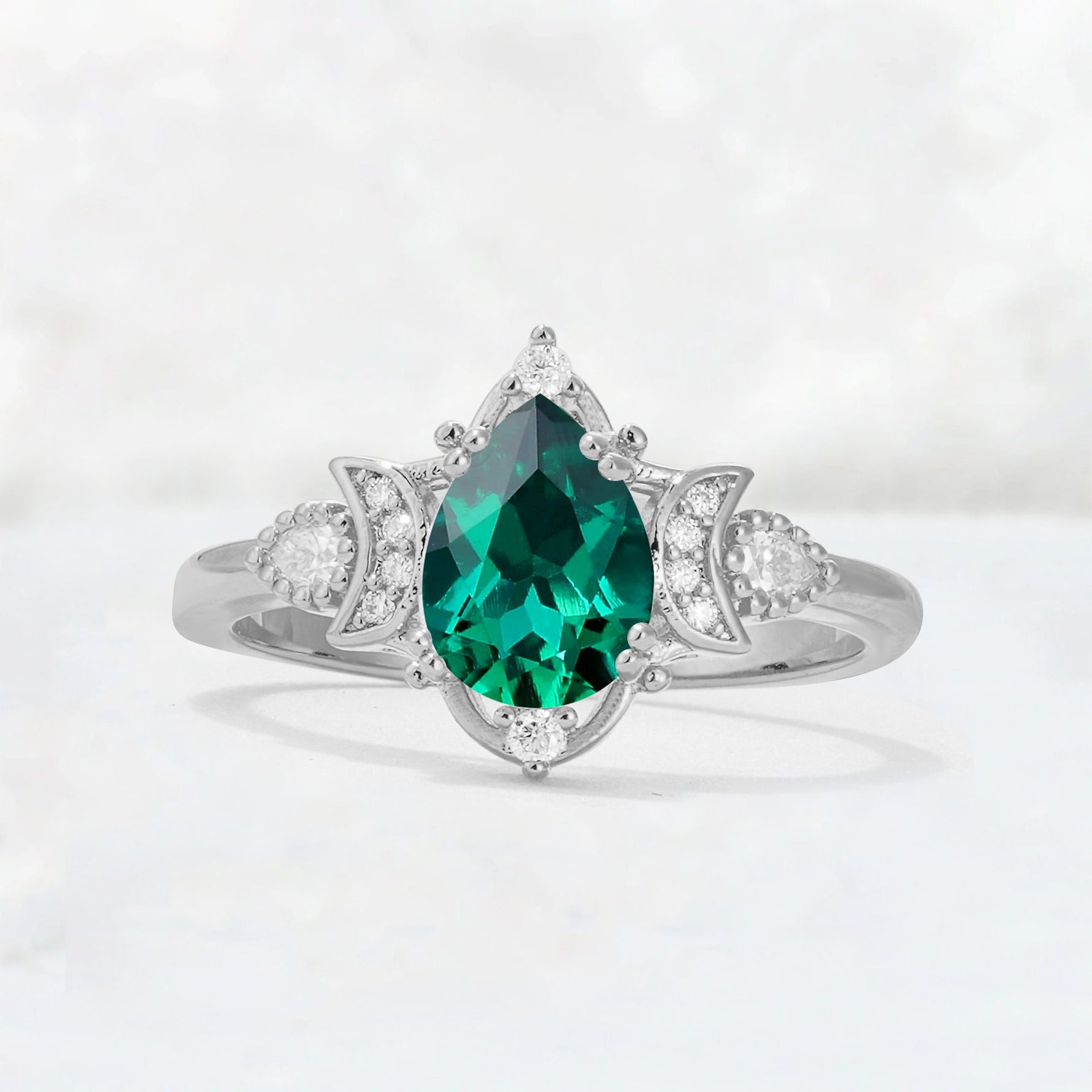 Pear Cut Emerald Butterfly Floral Halo Engagement Ring - Additional view