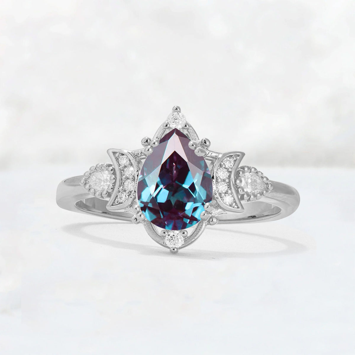 Pear Cut Alexandrite Butterfly Floral Halo Engagement Ring - Additional view