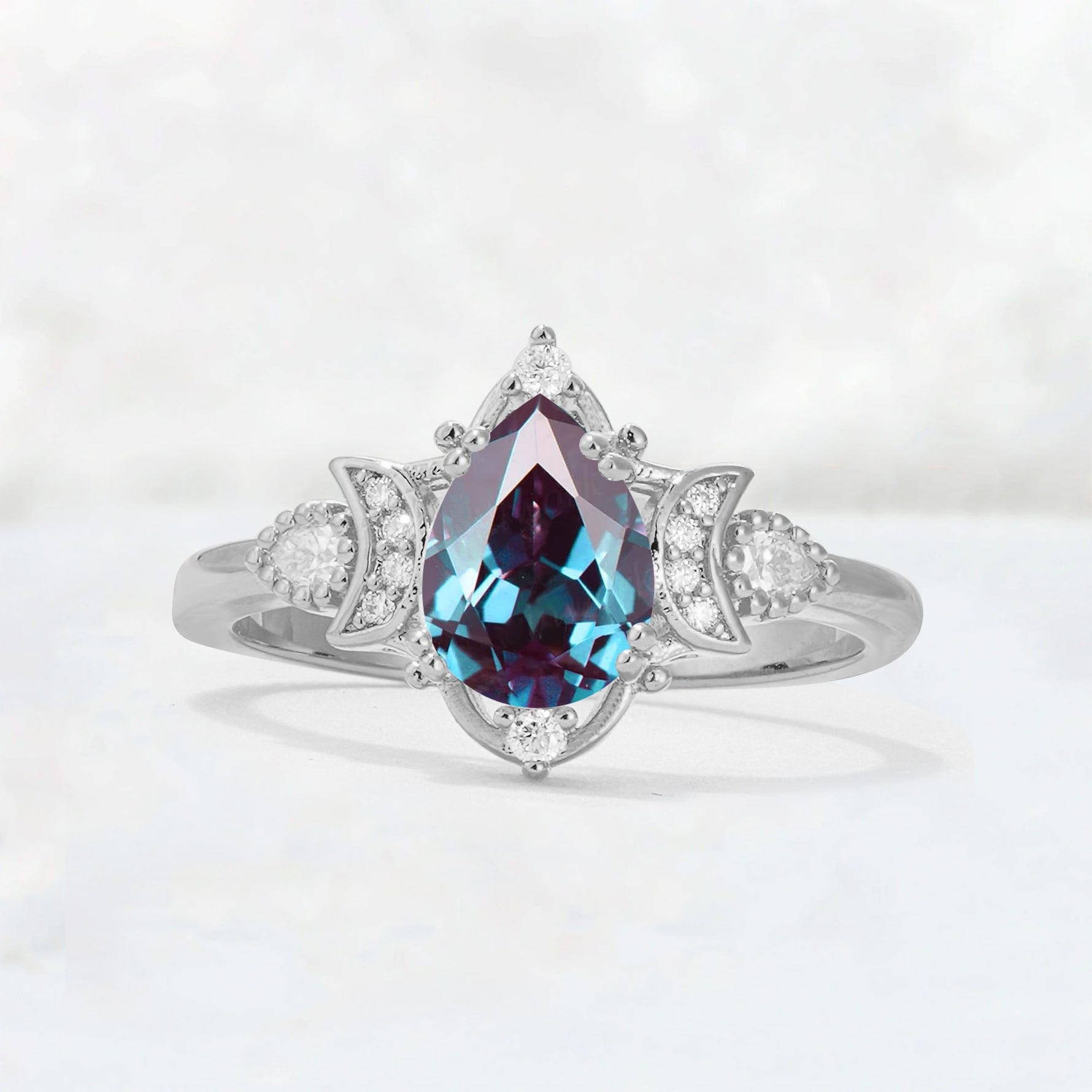 Pear Cut Alexandrite Butterfly Floral Halo Engagement Ring - Additional view
