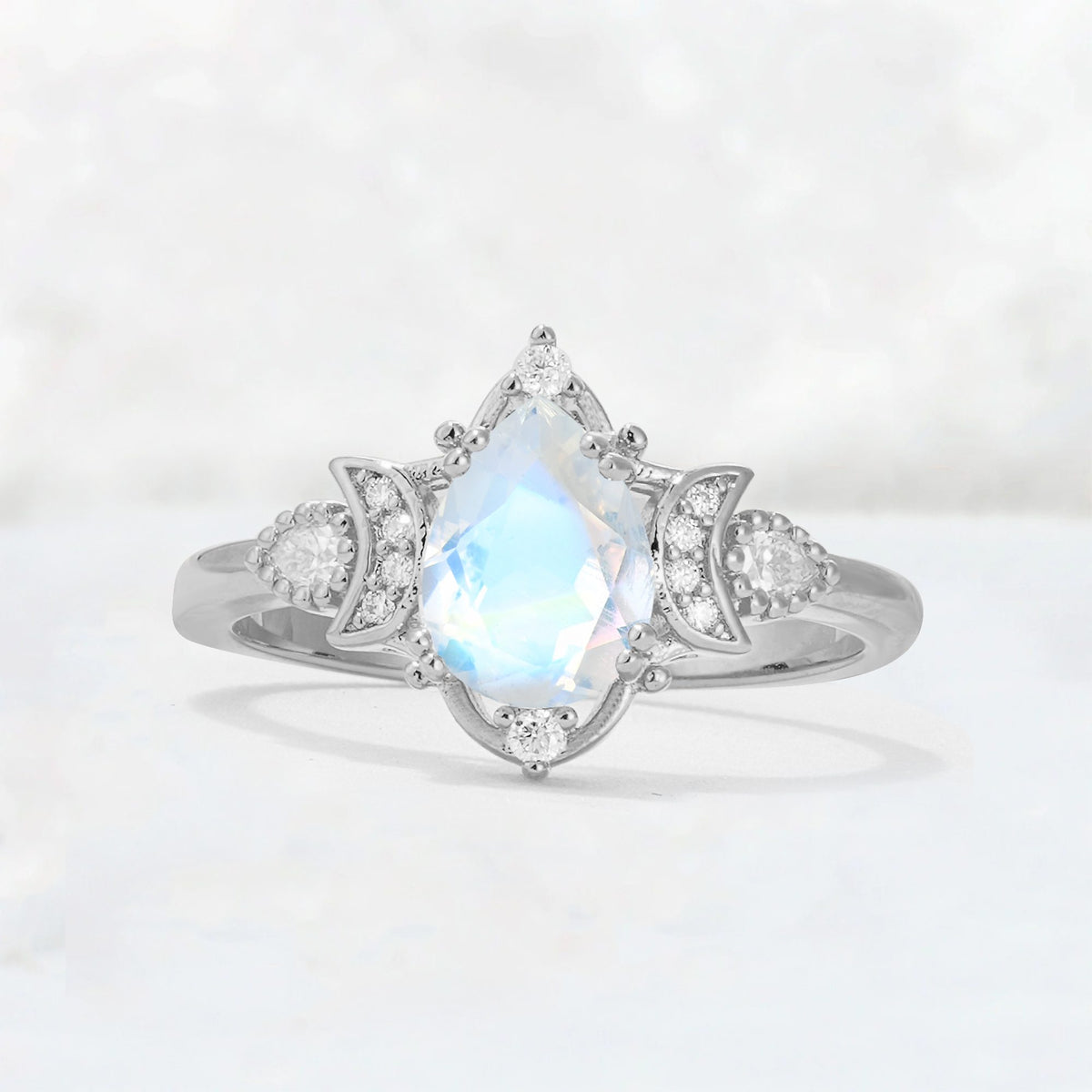 Pear Cut Moonstone Butterfly Floral Halo Engagement Ring - Additional view