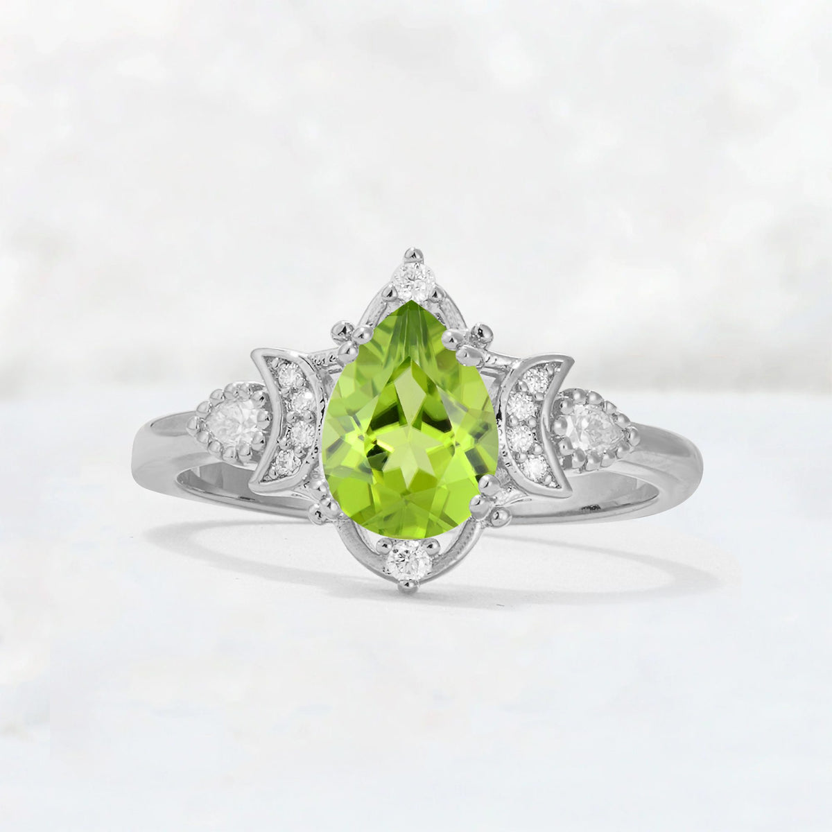 Pear Cut Peridot Butterfly Floral Halo Engagement Ring - Additional view