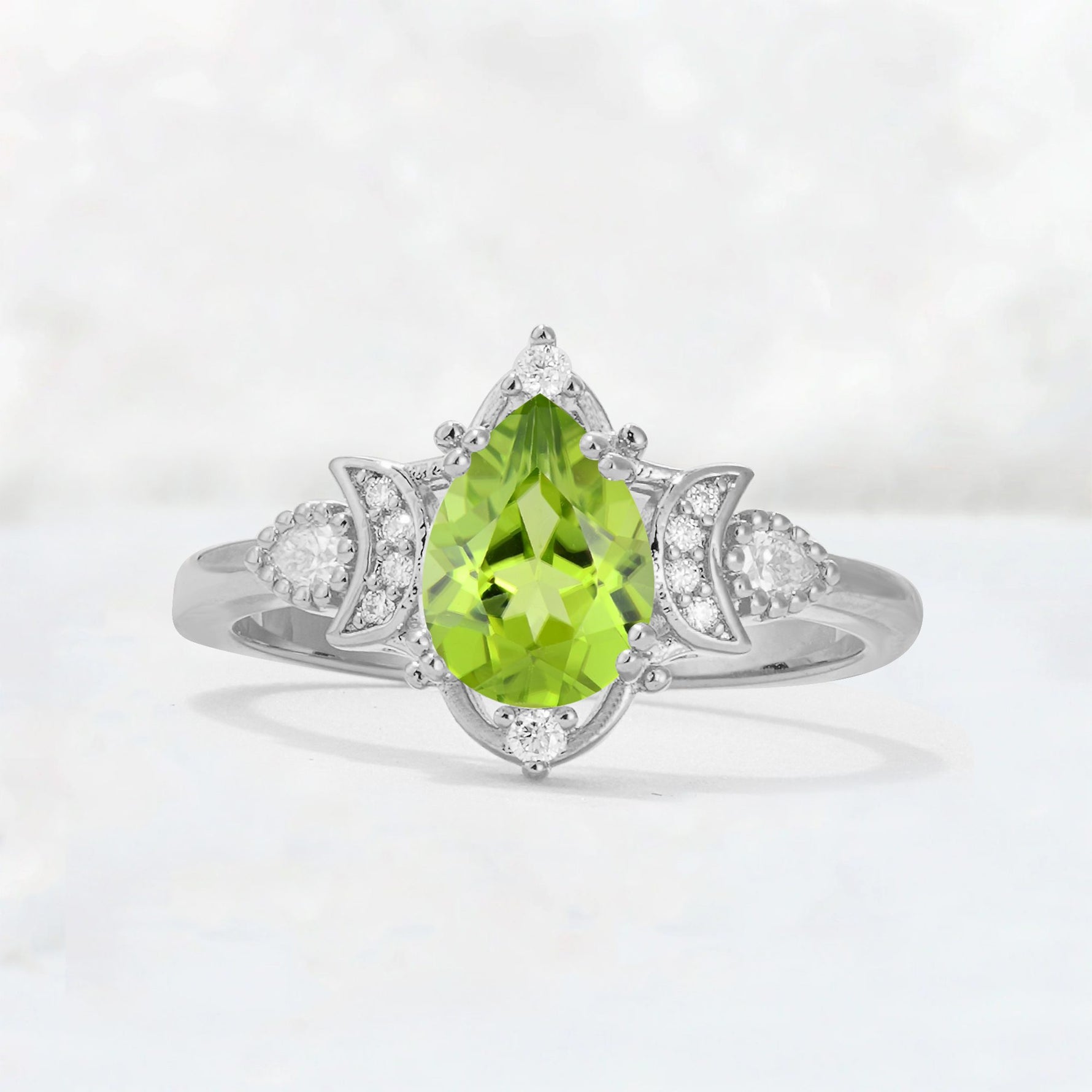 Pear Cut Peridot Butterfly Floral Halo Engagement Ring - Additional view