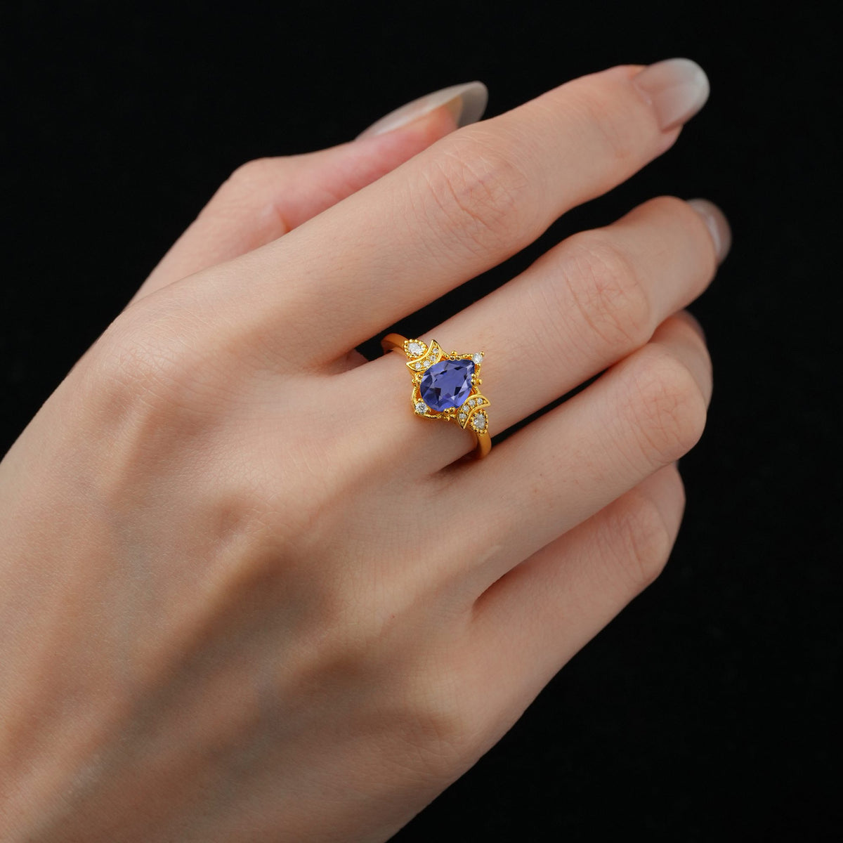 Pear Cut Tanzanite Butterfly Floral Halo Engagement Ring - Additional view