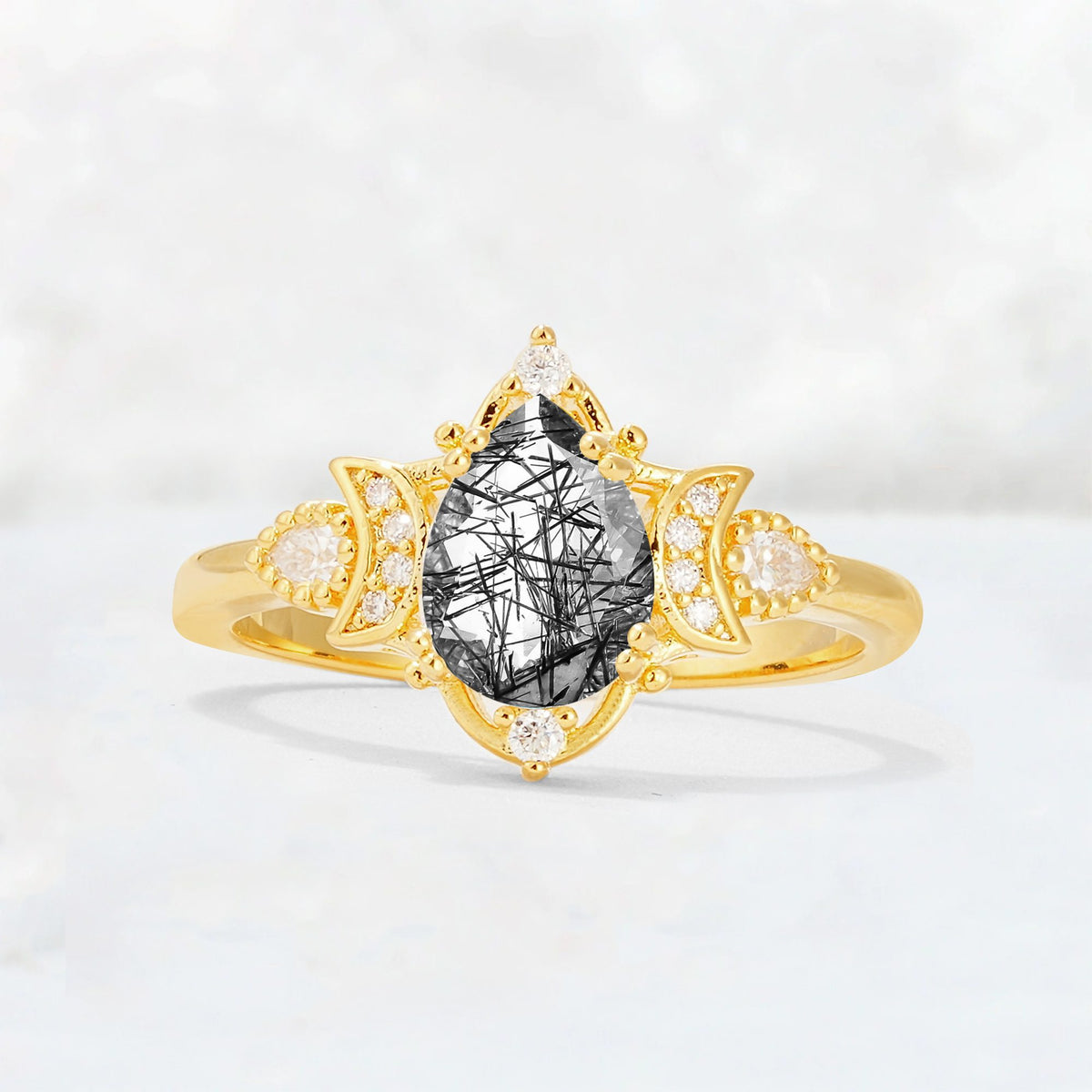 Pear Cut Black Rutilated Quartz Butterfly Floral Halo Engagement Ring - Additional view