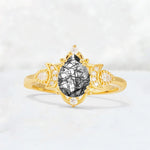 Pear Cut Black Rutilated Quartz Butterfly Floral Halo Engagement Ring - Additional view