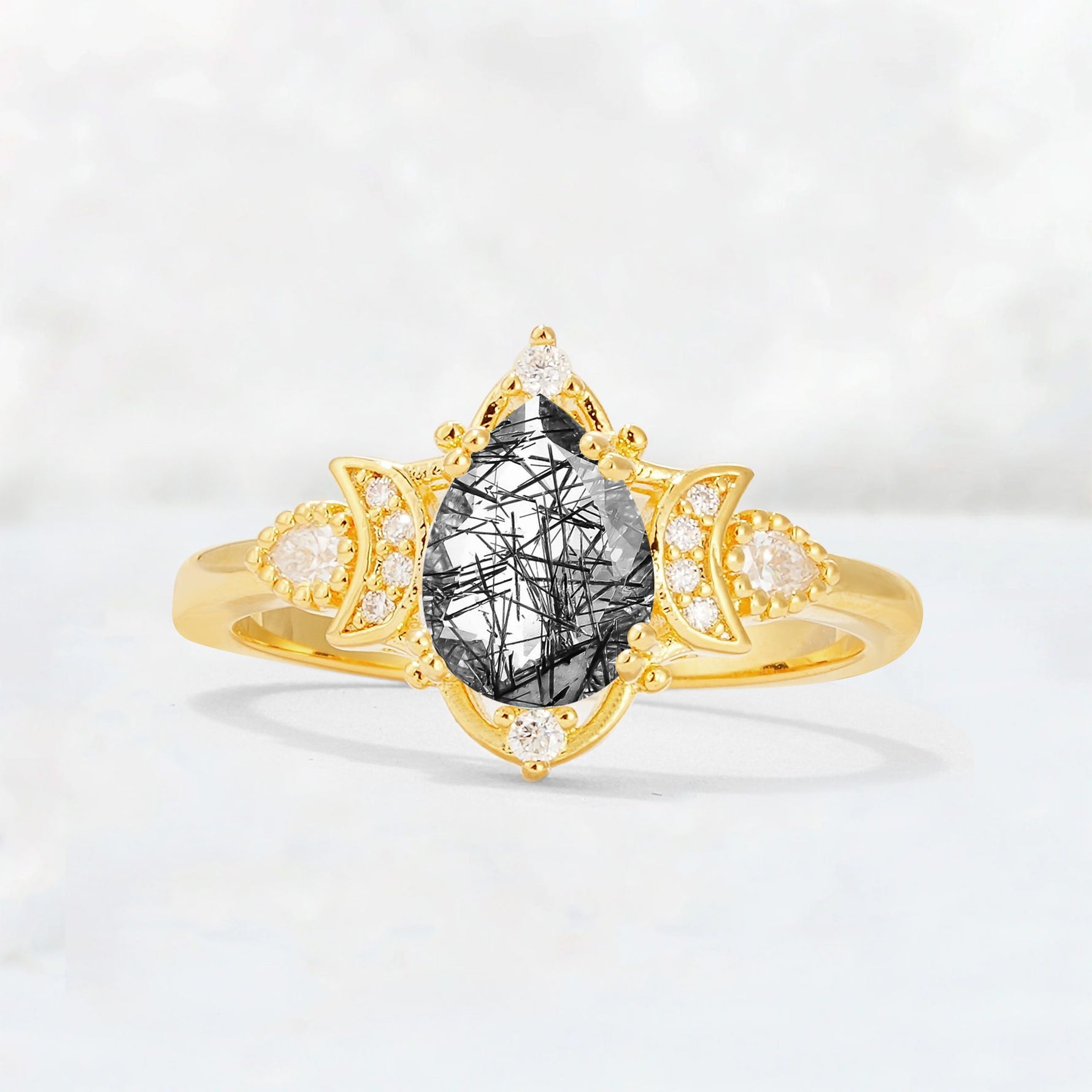Pear Cut Black Rutilated Quartz Butterfly Floral Halo Engagement Ring - Additional view