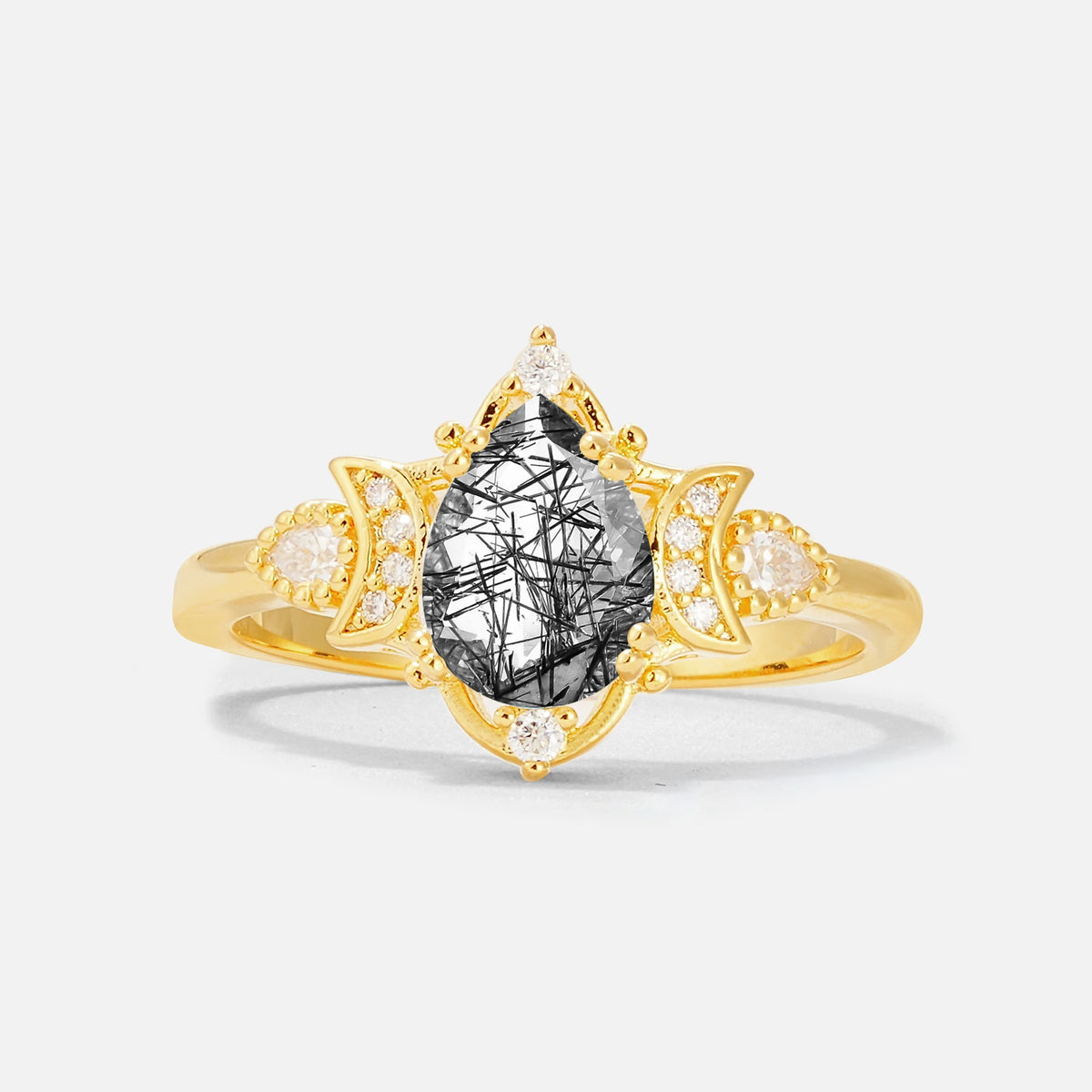 Pear Cut Black Rutilated Quartz Butterfly Floral Halo Engagement Ring
