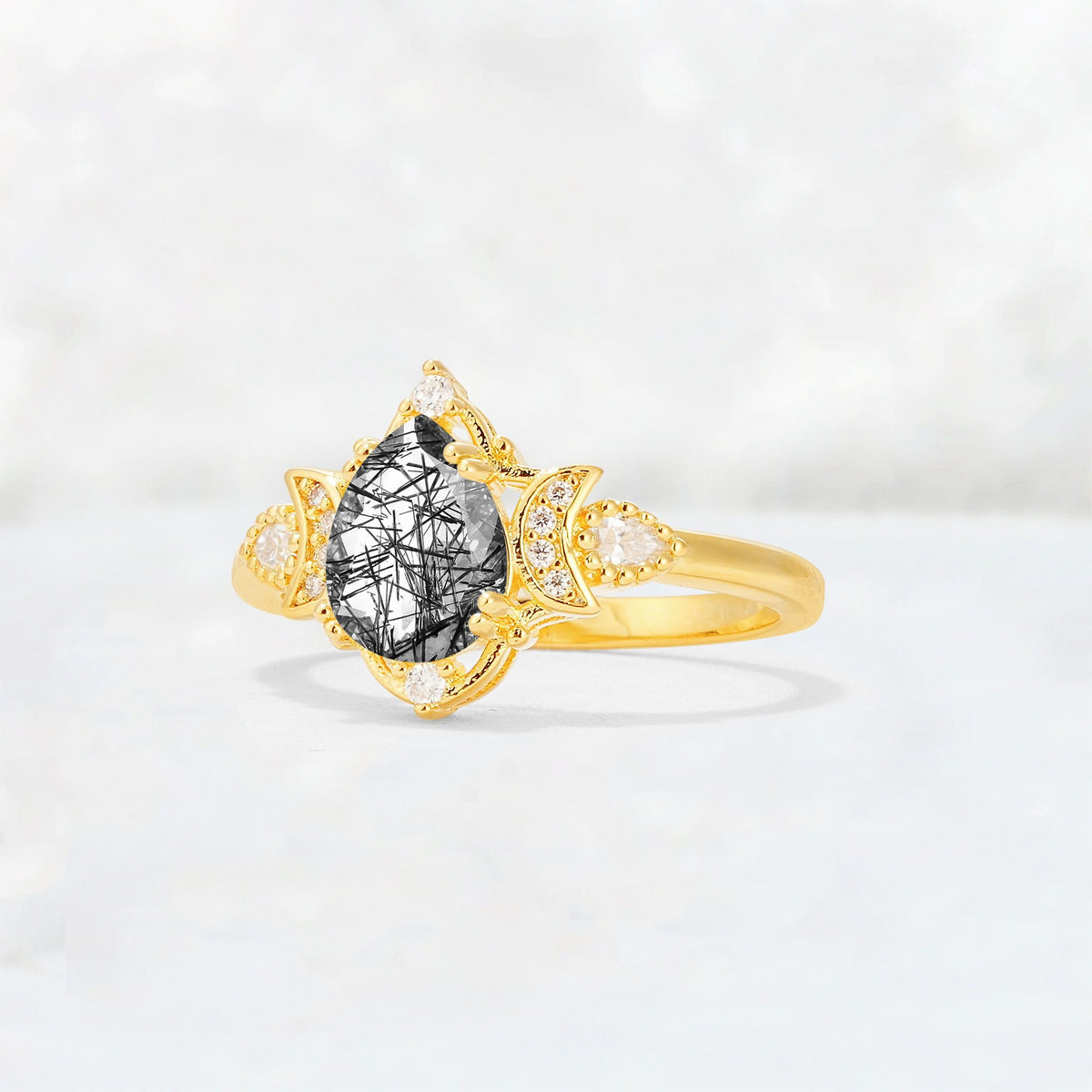 Pear Cut Black Rutilated Quartz Butterfly Floral Halo Engagement Ring - Additional view