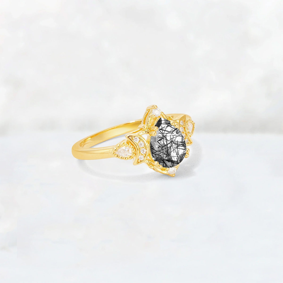 Pear Cut Black Rutilated Quartz Butterfly Floral Halo Engagement Ring - Additional view