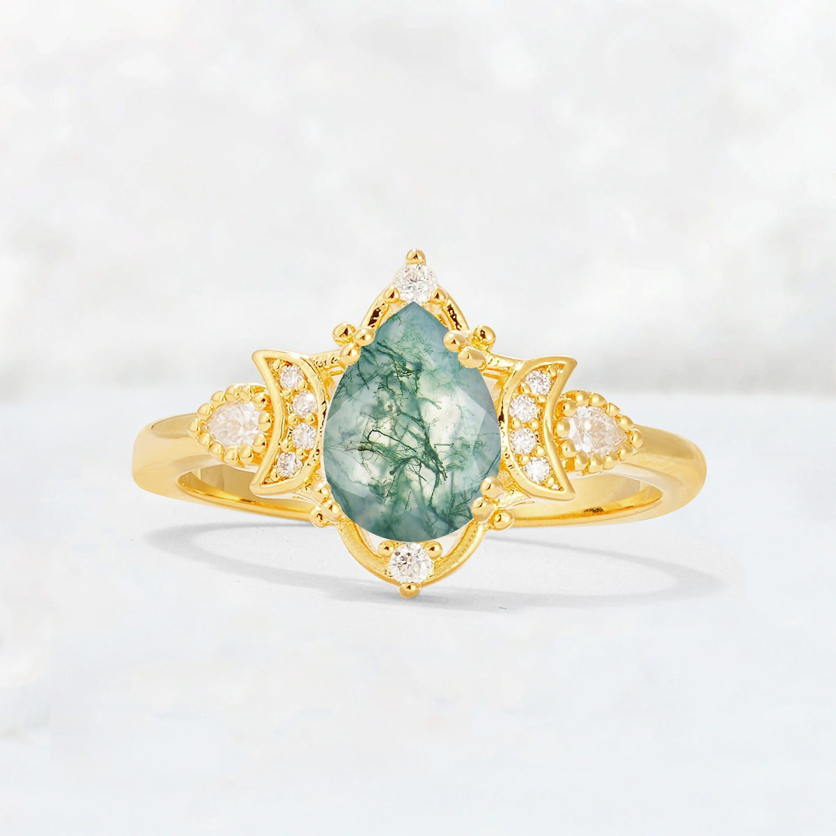 Pear Cut Moss Agate Butterfly Floral Halo Engagement Ring - Additional view