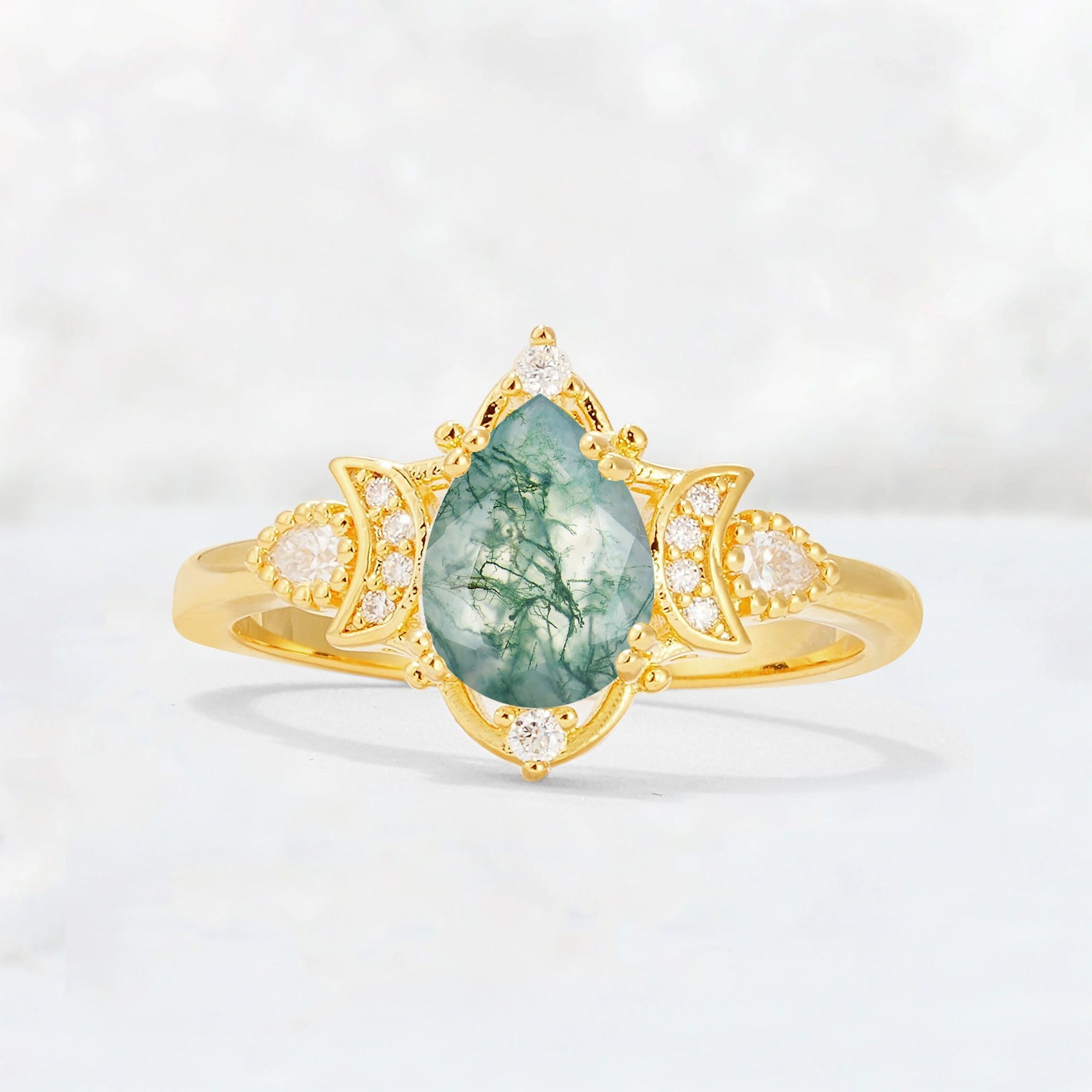 Pear Cut Moss Agate Butterfly Floral Halo Engagement Ring - Additional view