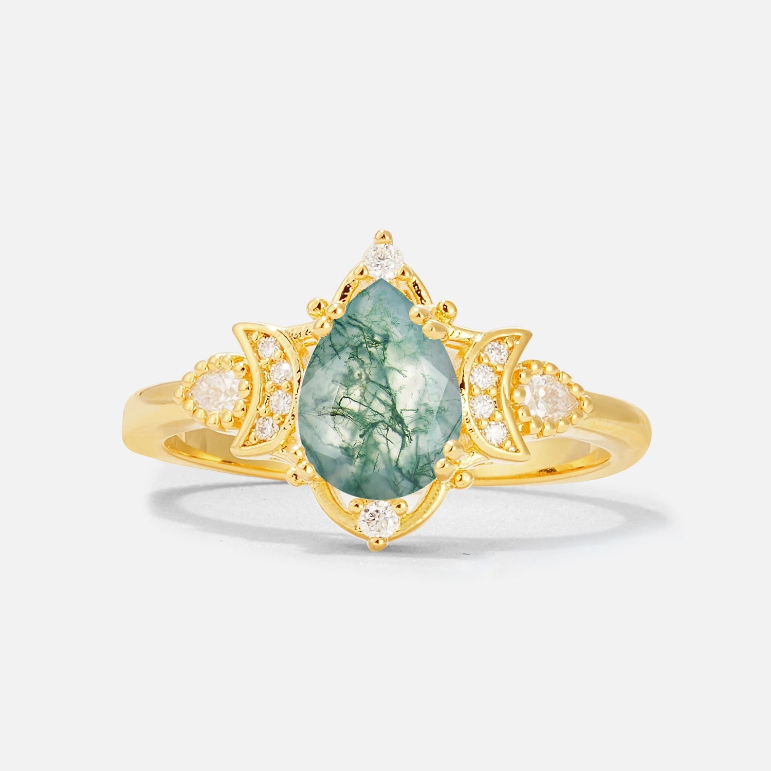 Pear Cut Moss Agate Butterfly Floral Halo Engagement Ring