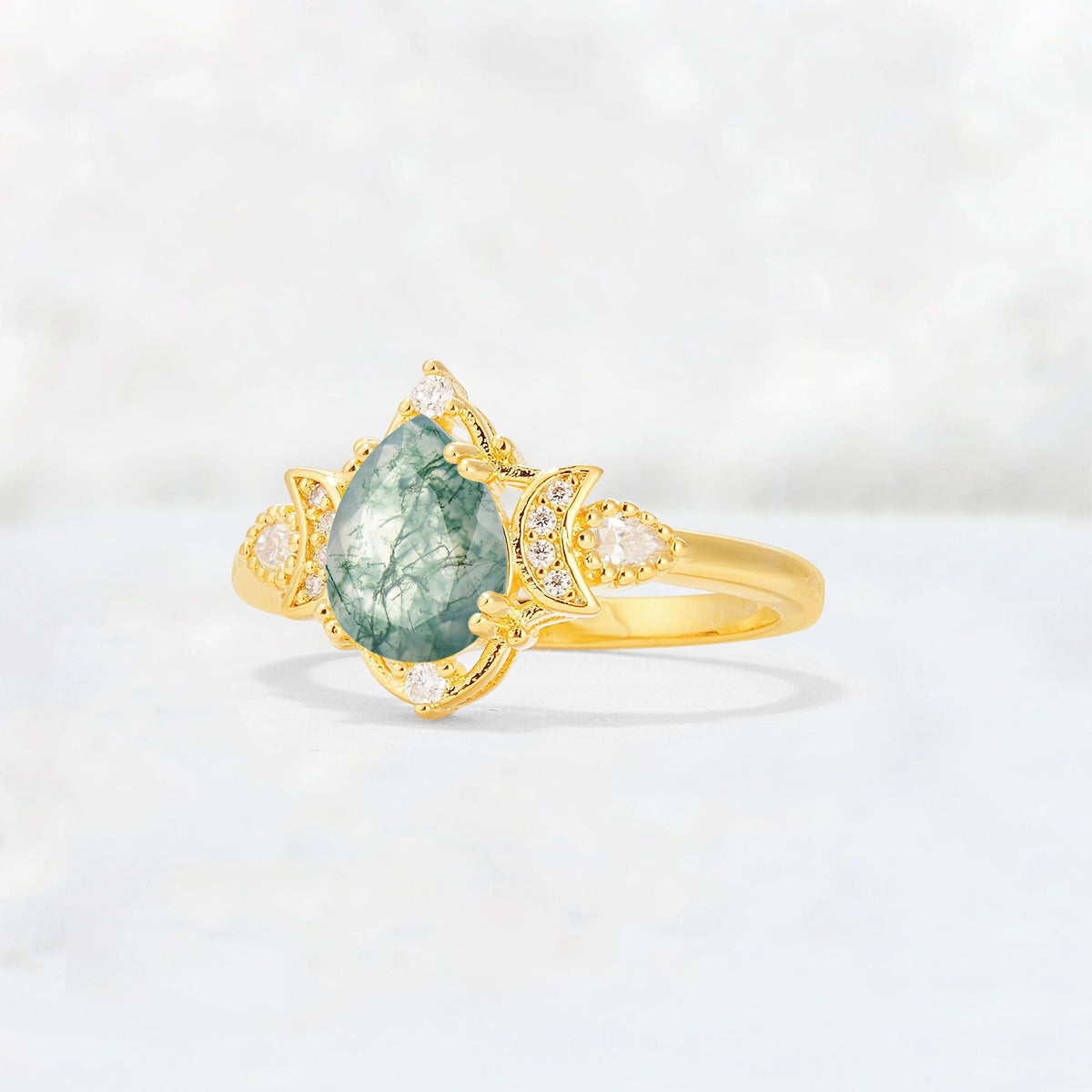 Pear Cut Moss Agate Butterfly Floral Halo Engagement Ring - Additional view