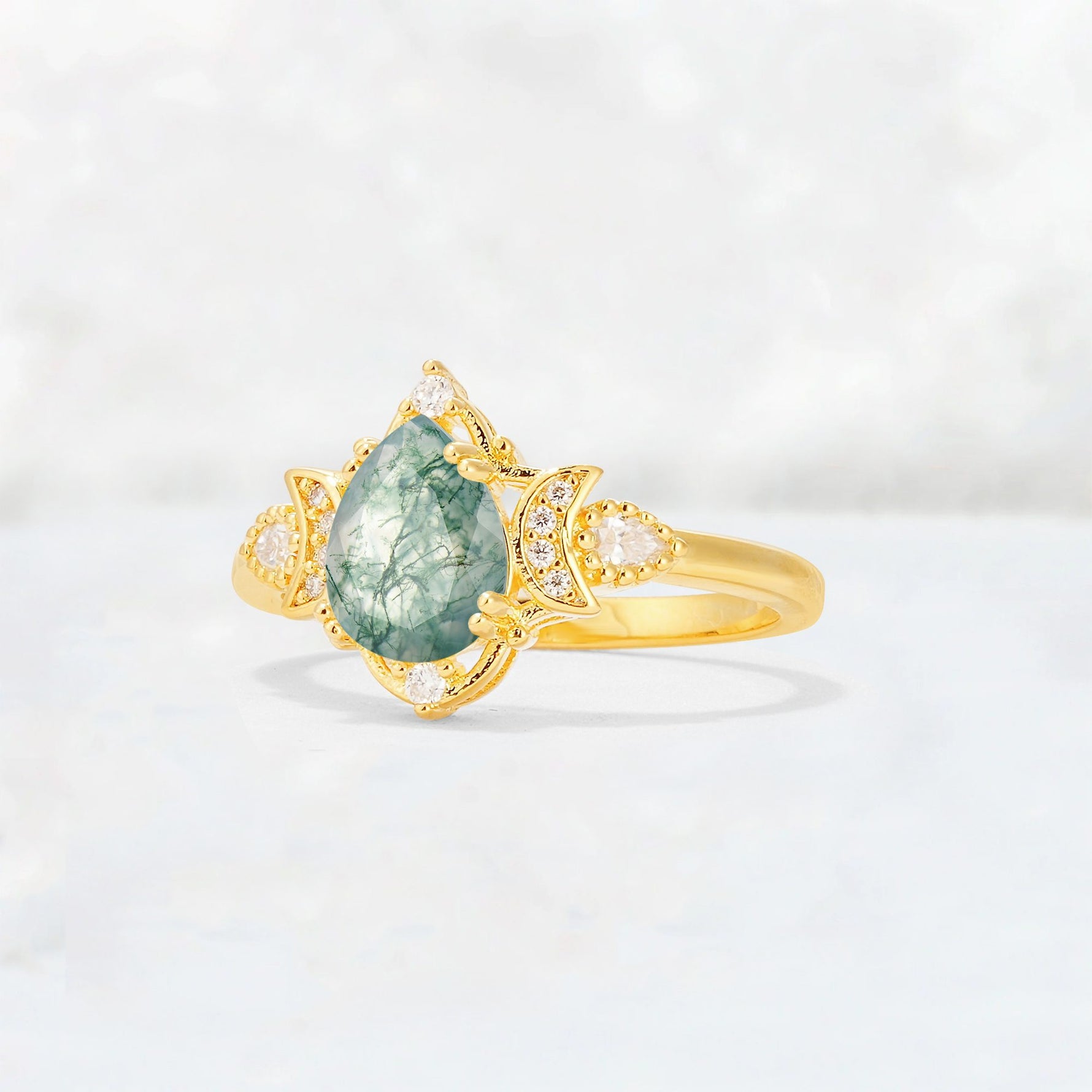 Pear Cut Moss Agate Butterfly Floral Halo Engagement Ring - Additional view