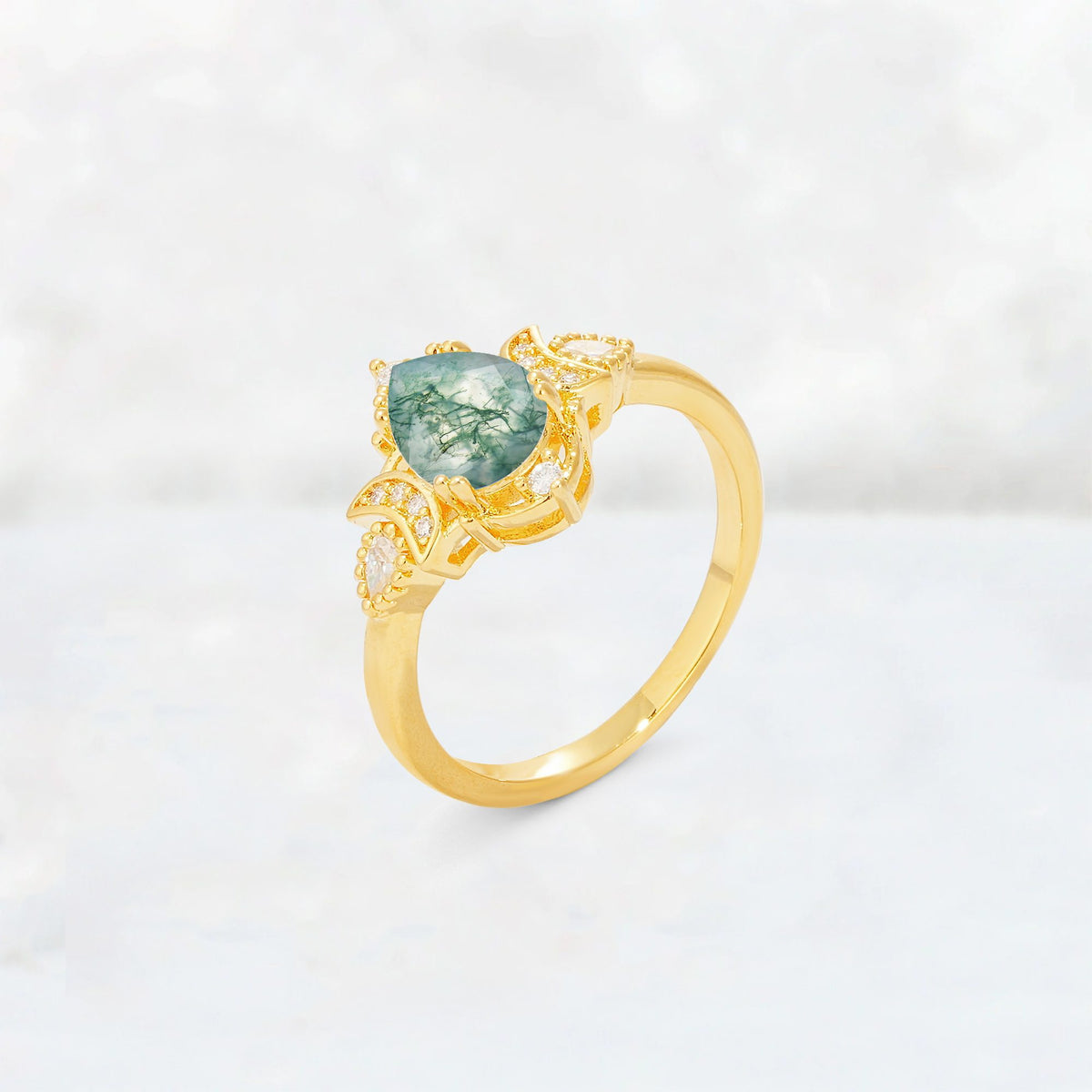 Pear Cut Moss Agate Butterfly Floral Halo Engagement Ring - Additional view