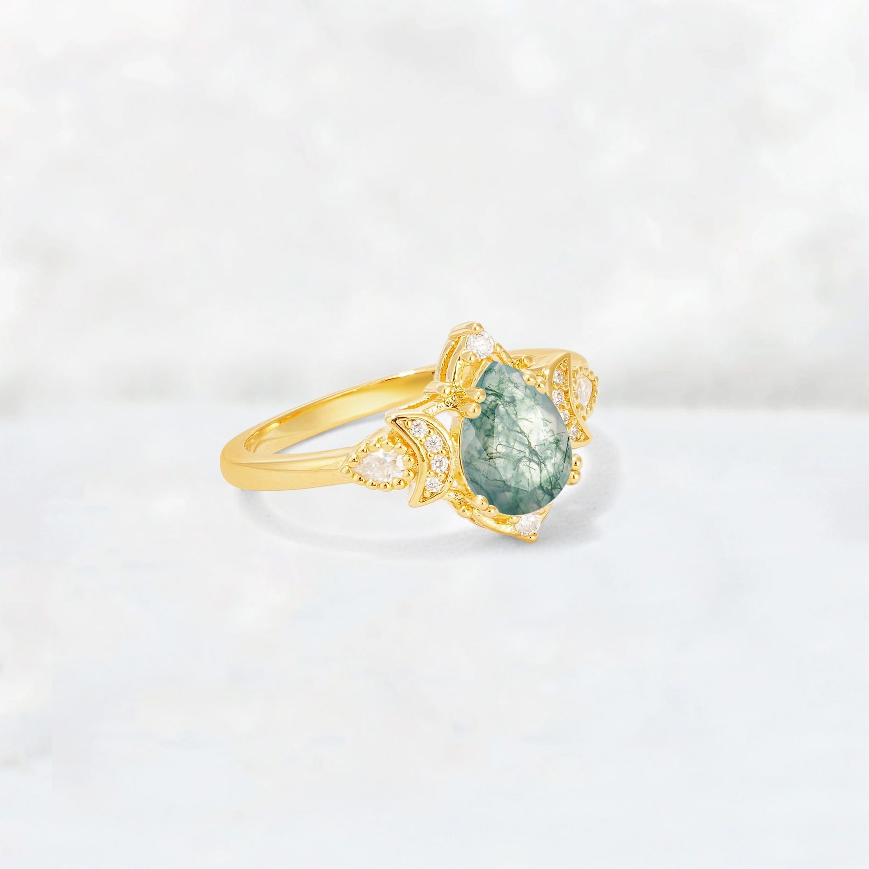 Pear Cut Moss Agate Butterfly Floral Halo Engagement Ring - Additional view