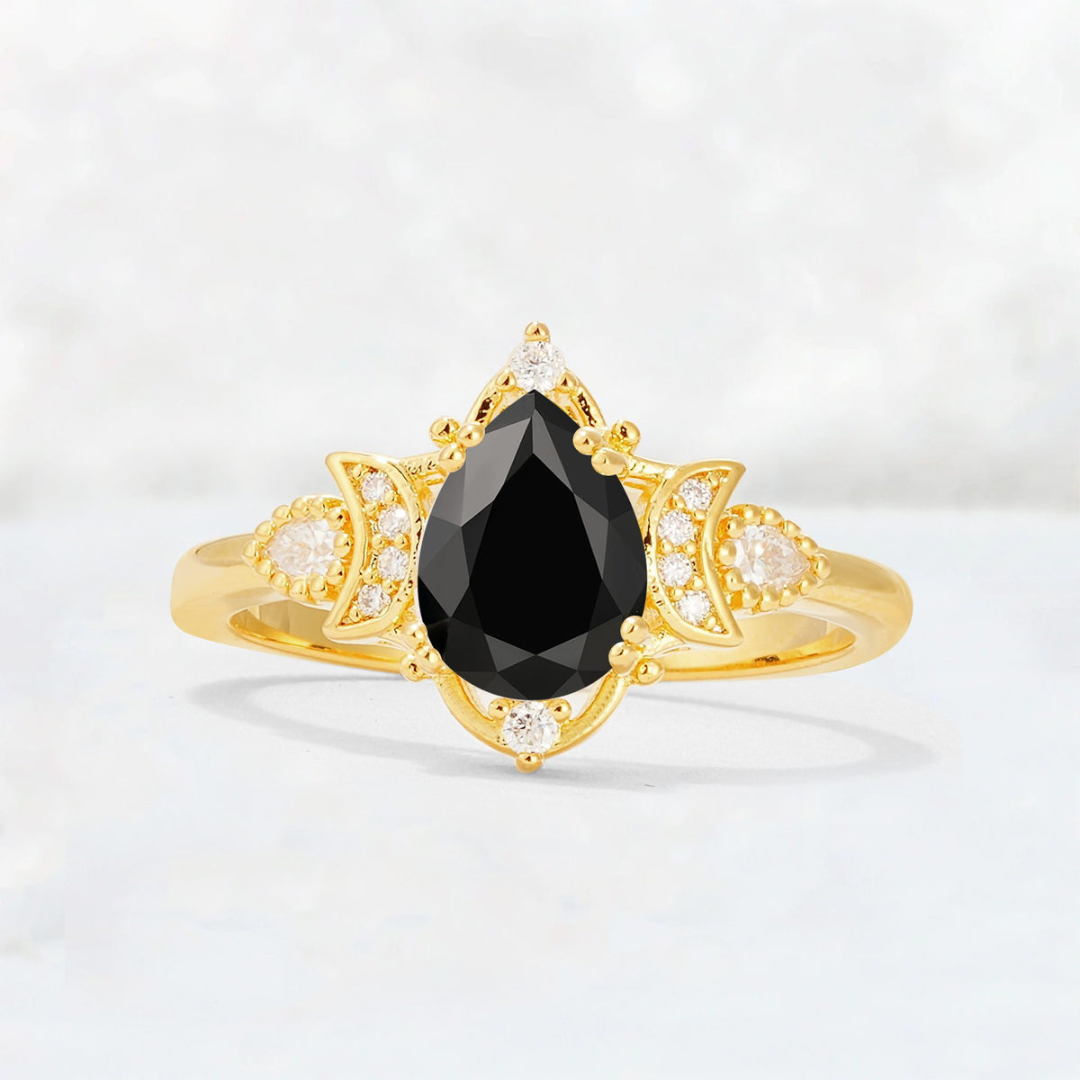 Pear Cut Black Onyx Butterfly Floral Halo Engagement Ring - Additional view