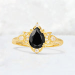 Pear Cut Black Onyx Butterfly Floral Halo Engagement Ring - Additional view