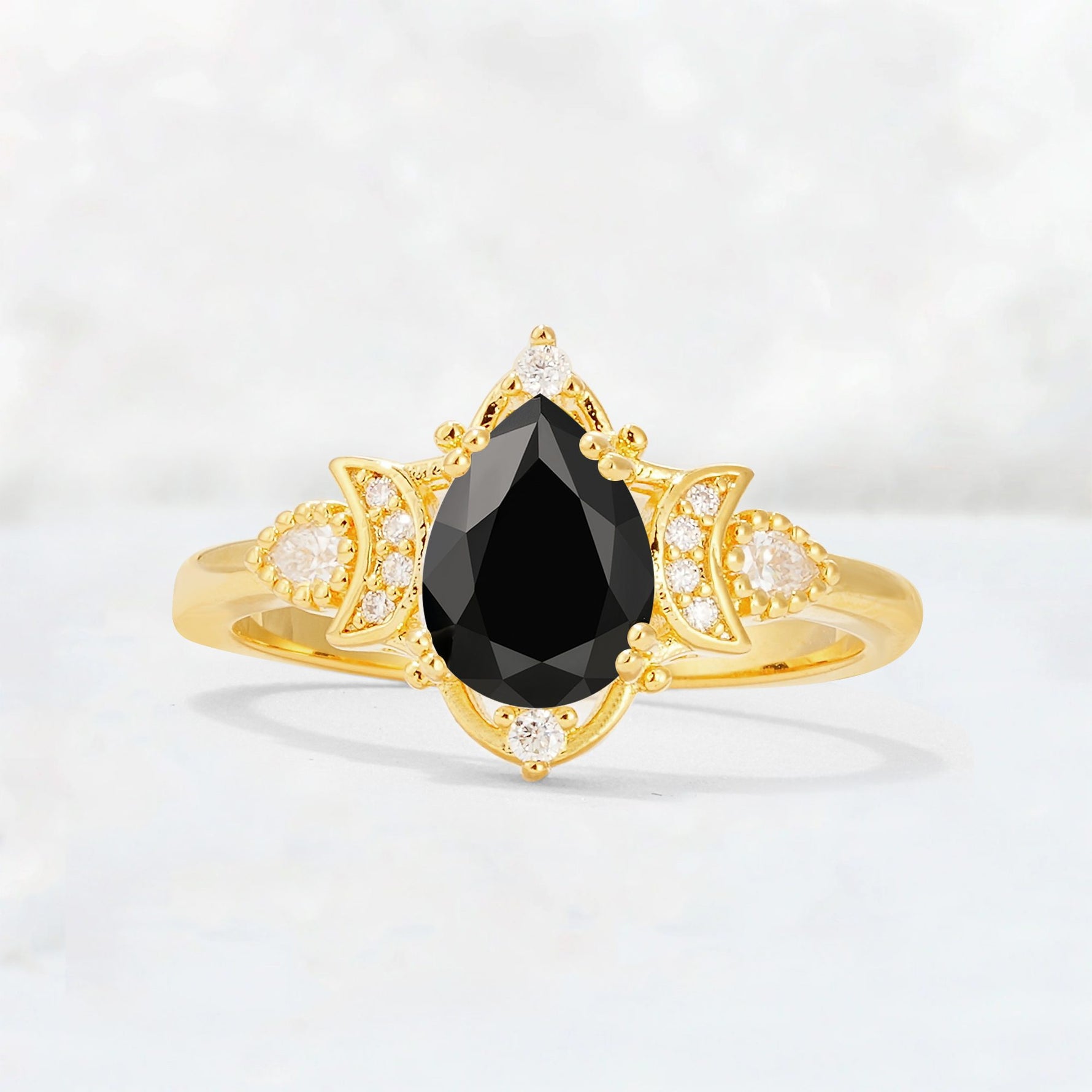 Pear Cut Black Onyx Butterfly Floral Halo Engagement Ring - Additional view