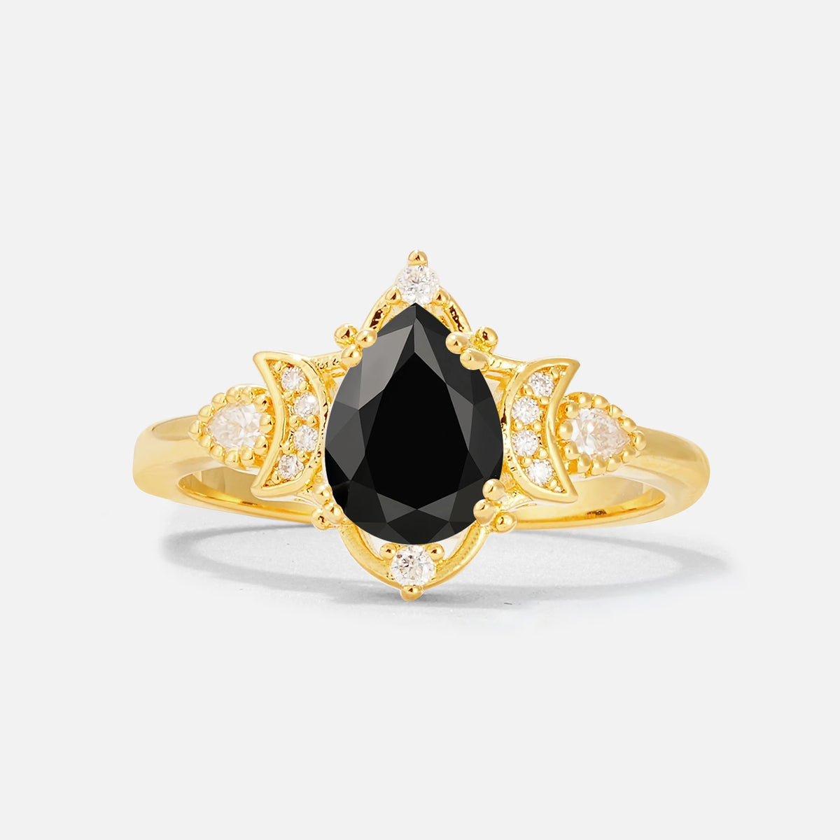 Pear Cut Black Onyx Butterfly Floral Halo Engagement Ring