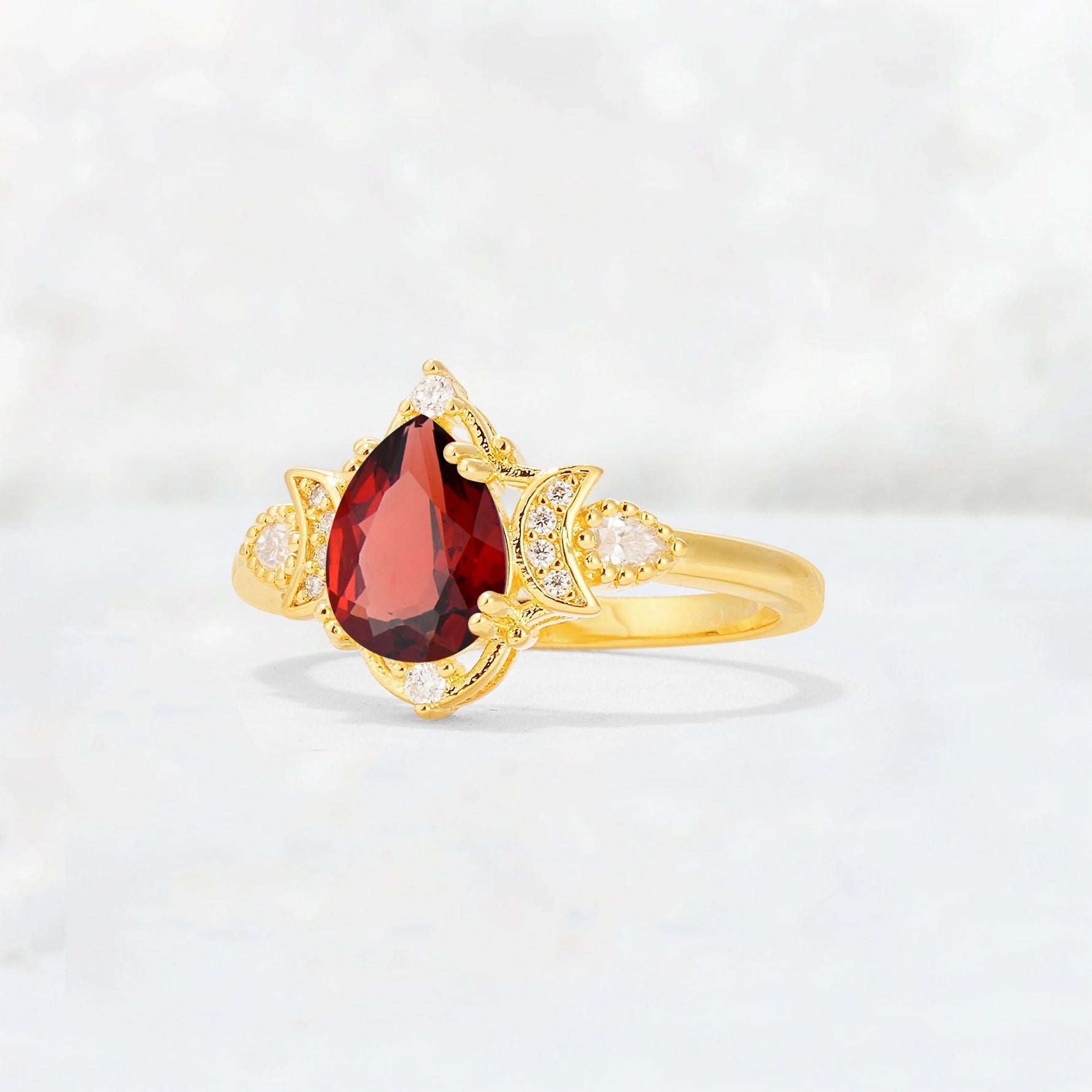 Pear Cut Garnet Butterfly Floral Halo Engagement Ring - Additional view