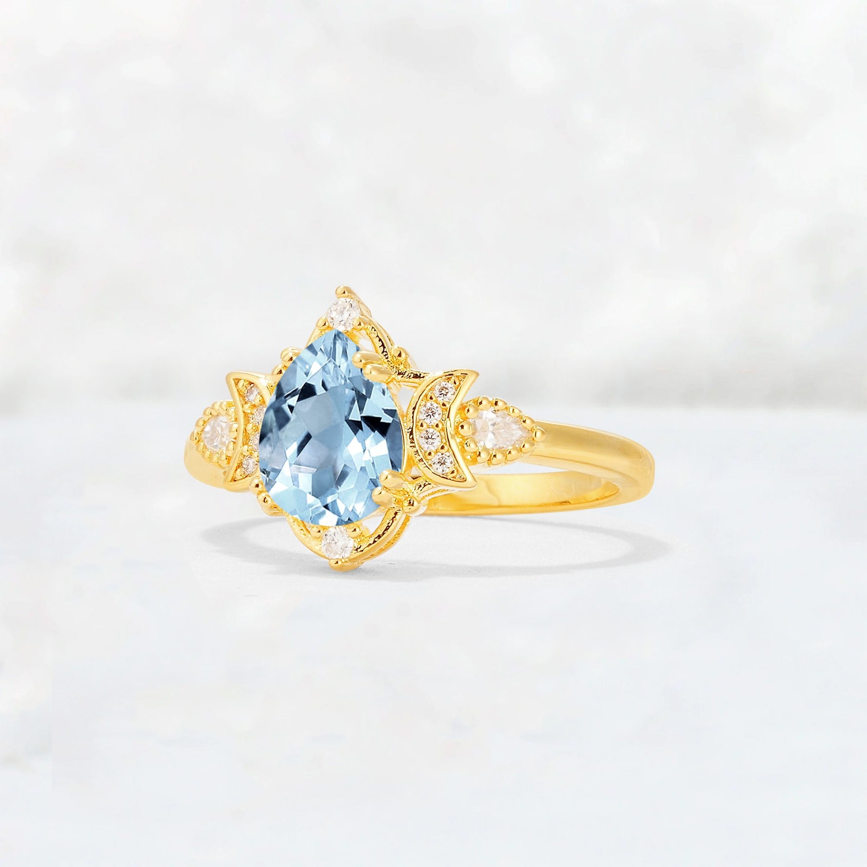 Pear Cut Aquamarine Butterfly Floral Halo Engagement Ring - Additional view