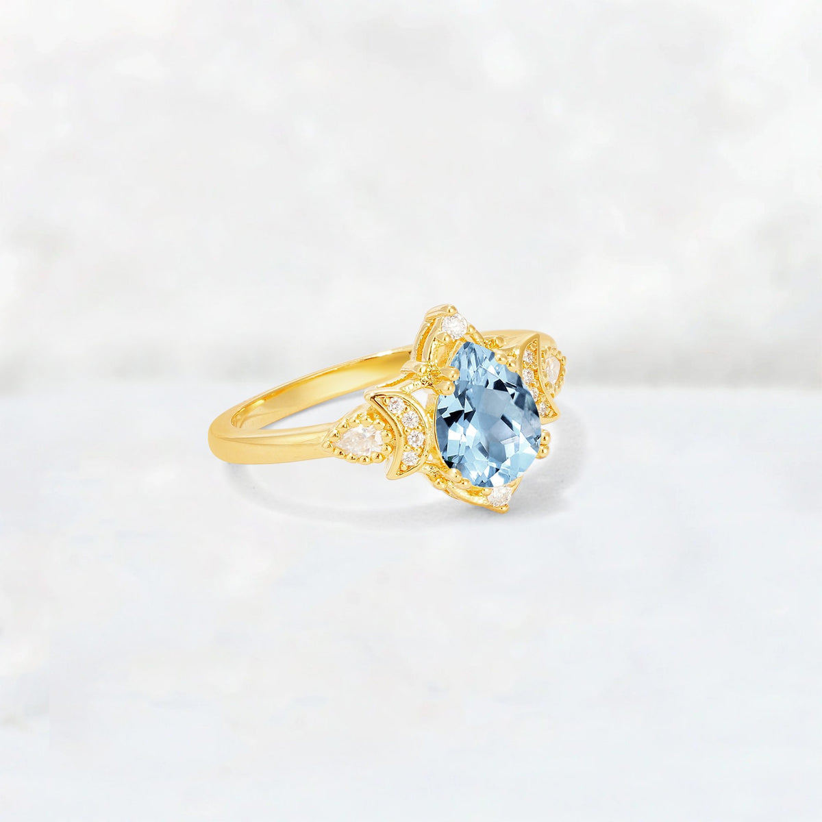 Pear Cut Aquamarine Butterfly Floral Halo Engagement Ring - Additional view