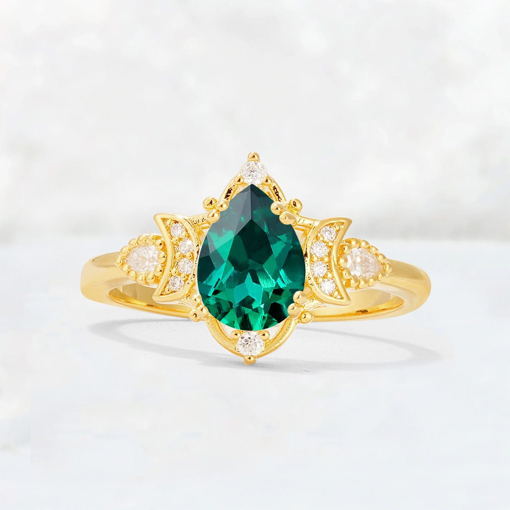 Pear Cut Emerald Butterfly Floral Halo Engagement Ring - Additional view