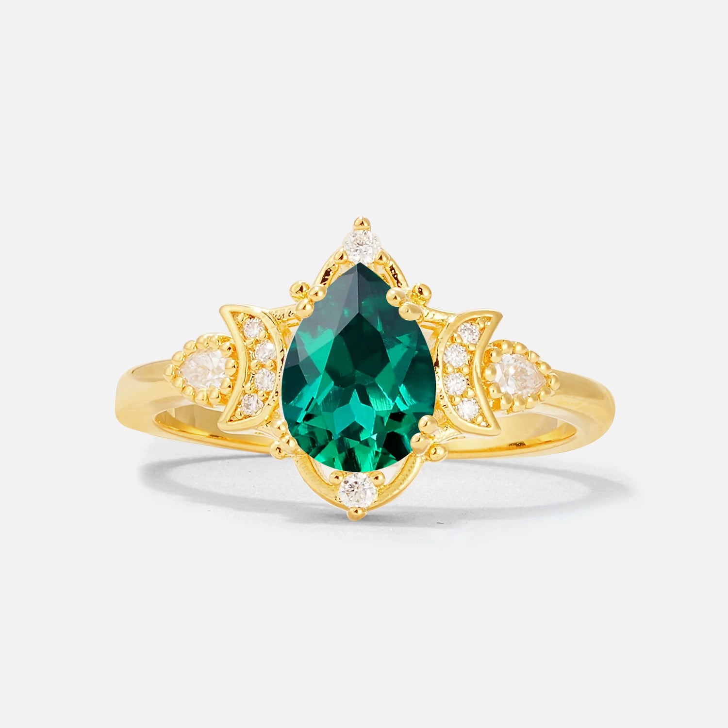 Pear Cut Emerald Butterfly Floral Halo Engagement Ring