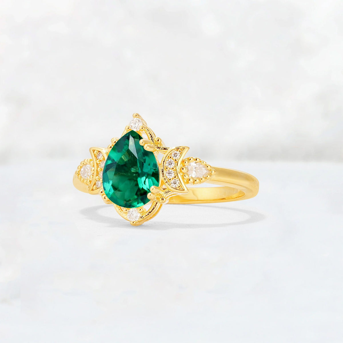 Pear Cut Emerald Butterfly Floral Halo Engagement Ring - Additional view