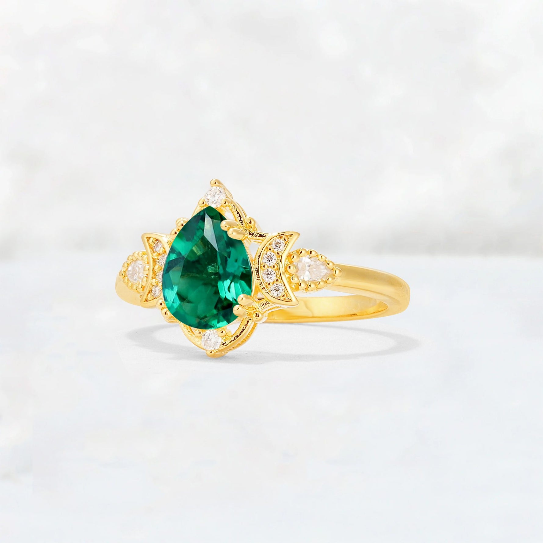 Pear Cut Emerald Butterfly Floral Halo Engagement Ring - Additional view