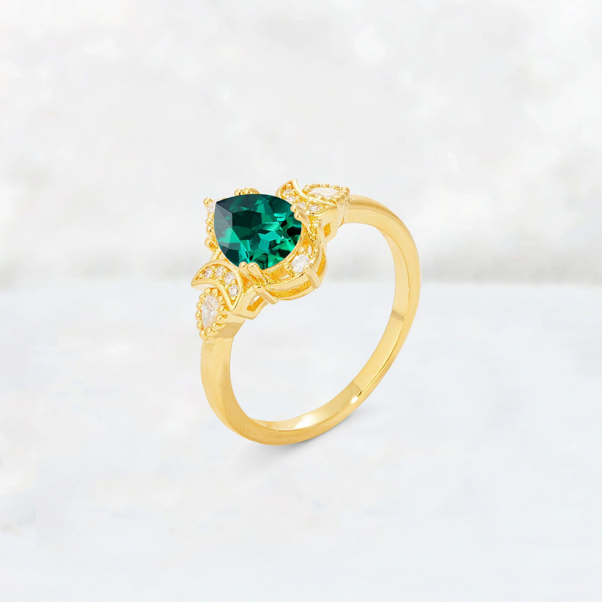 Pear Cut Emerald Butterfly Floral Halo Engagement Ring - Additional view