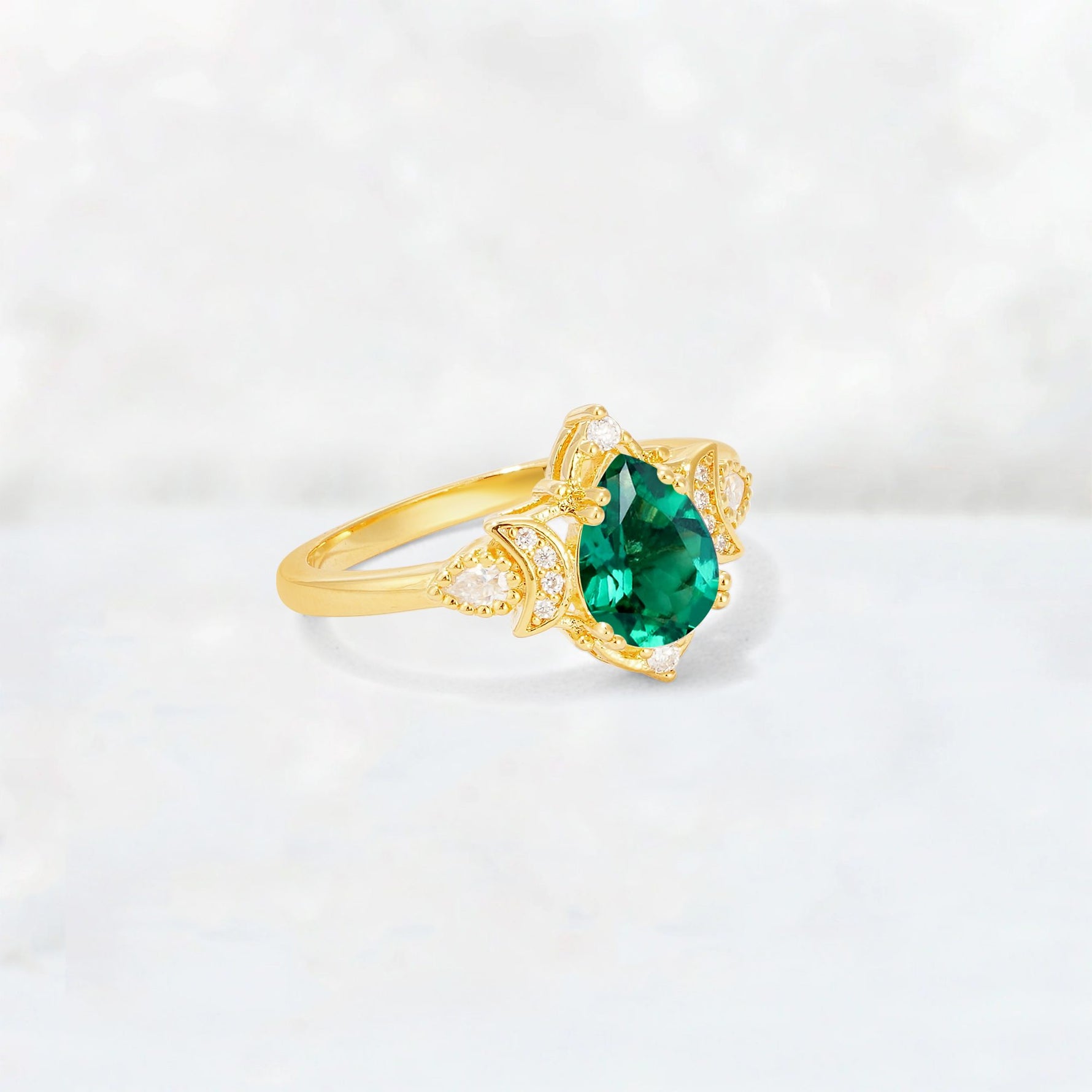 Pear Cut Emerald Butterfly Floral Halo Engagement Ring - Additional view