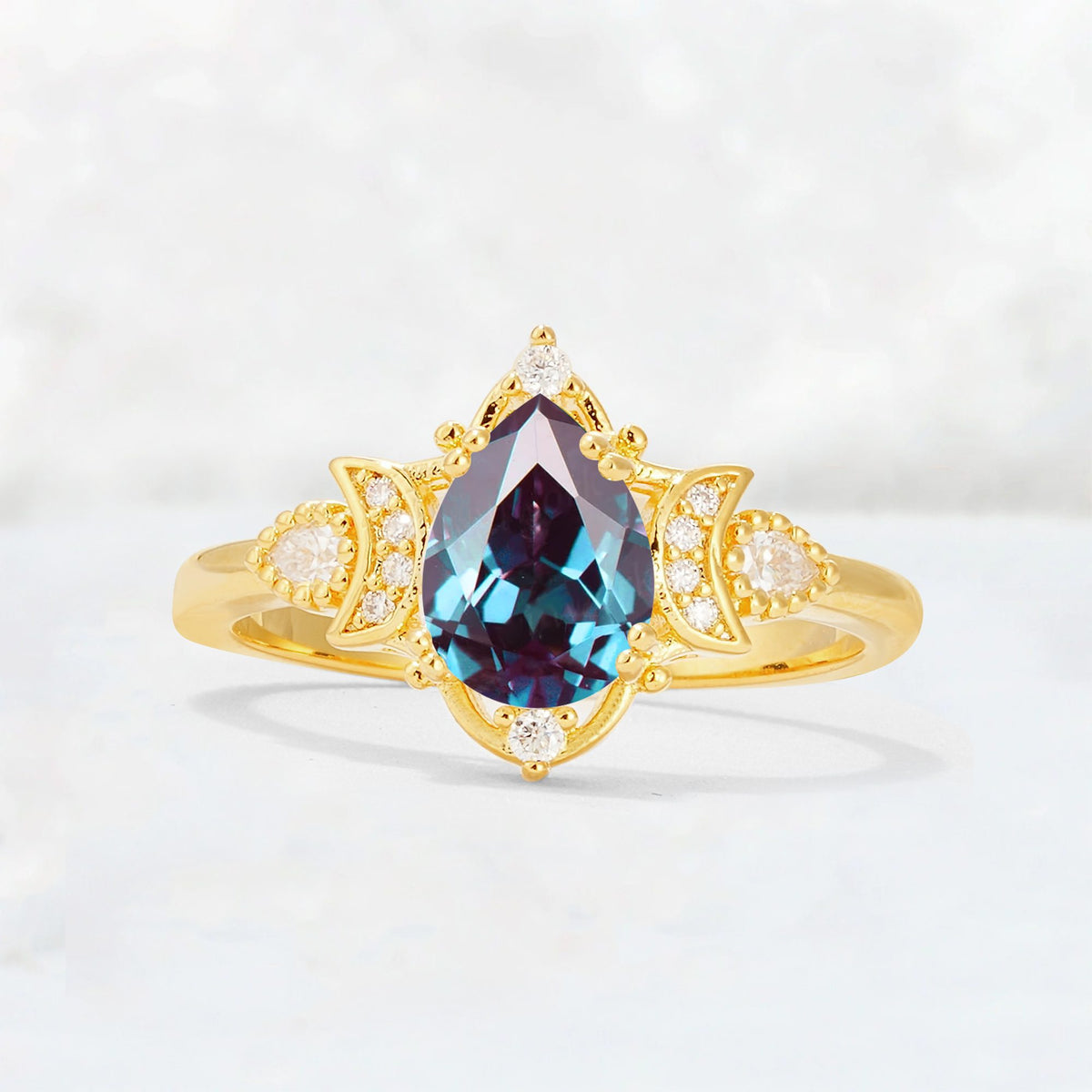 Pear Cut Alexandrite Butterfly Floral Halo Engagement Ring - Additional view