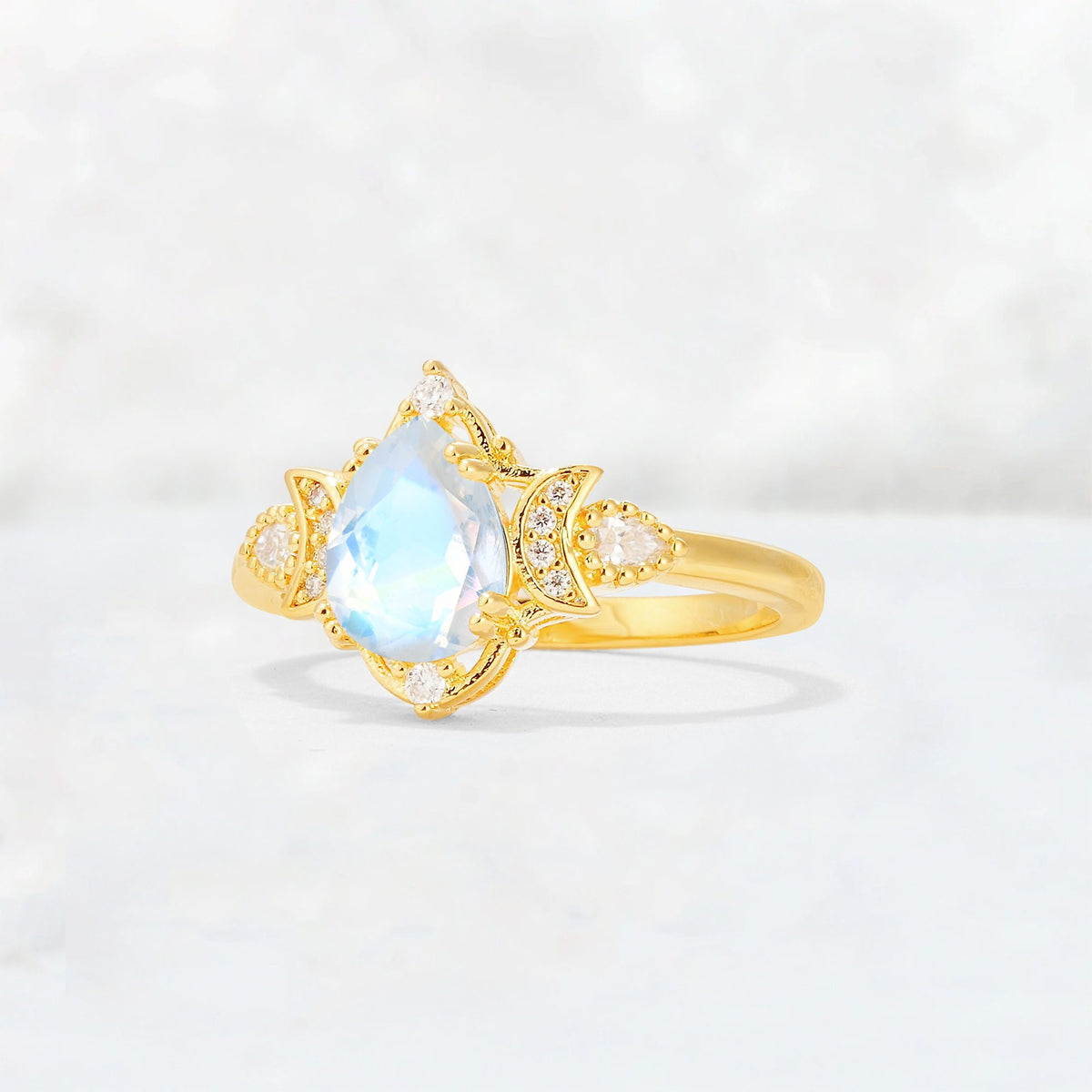 Pear Cut Moonstone Butterfly Floral Halo Engagement Ring - Additional view