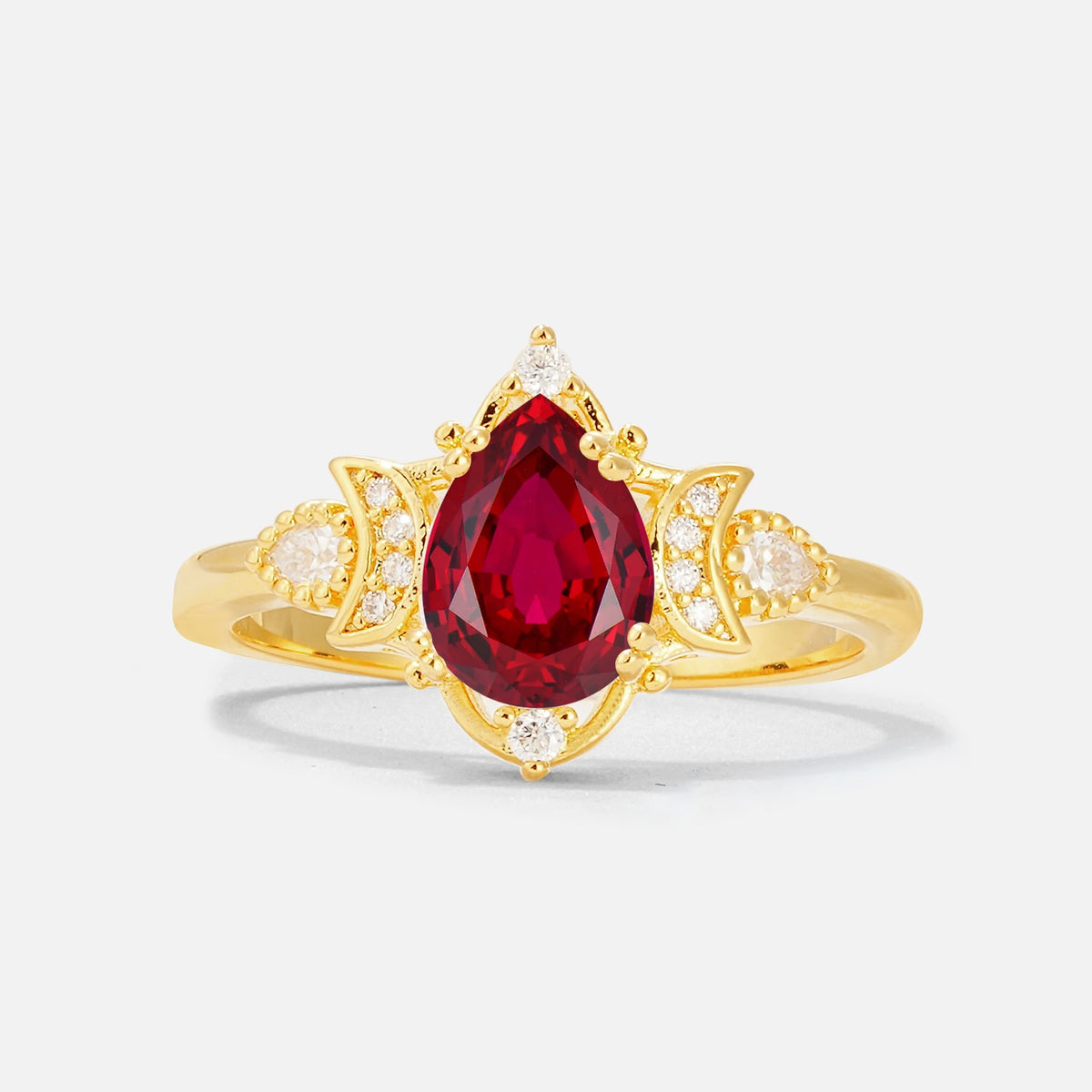 Pear Cut Ruby Butterfly Floral Halo Engagement Ring