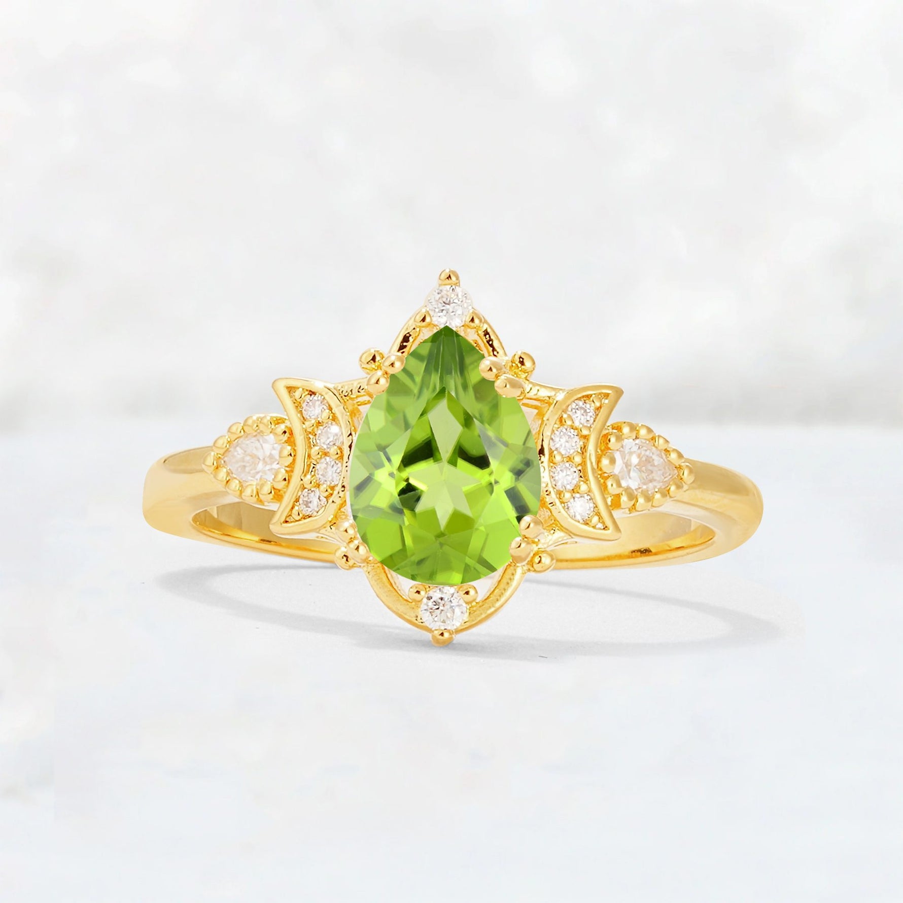 Pear Cut Peridot Butterfly Floral Halo Engagement Ring - Additional view