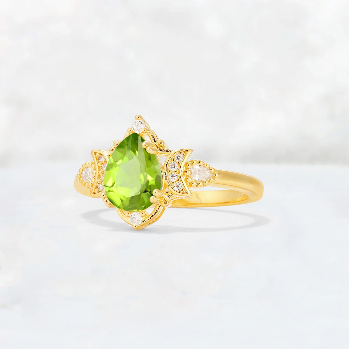 Pear Cut Peridot Butterfly Floral Halo Engagement Ring - Additional view