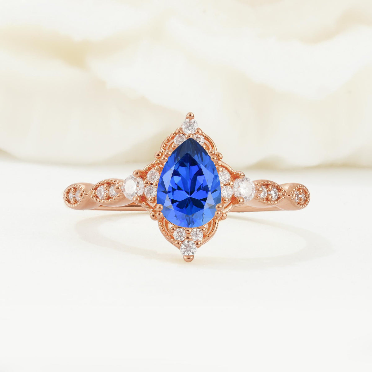 Vintage Pear Cut Sapphire Scalloped Halo Engagement Ring - Additional view