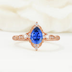 Vintage Pear Cut Sapphire Scalloped Halo Engagement Ring - Additional view