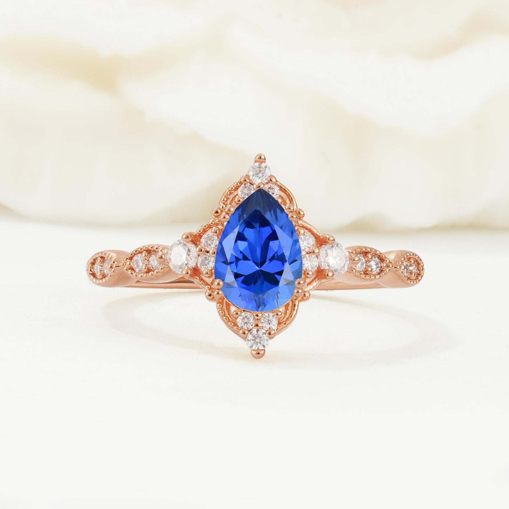 Vintage Pear Cut Sapphire Scalloped Halo Engagement Ring - Additional view