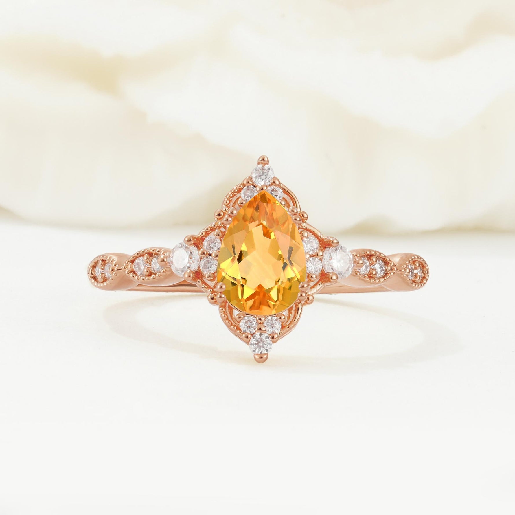 Vintage Pear Cut Citrine Scalloped Halo Engagement Ring - Additional view