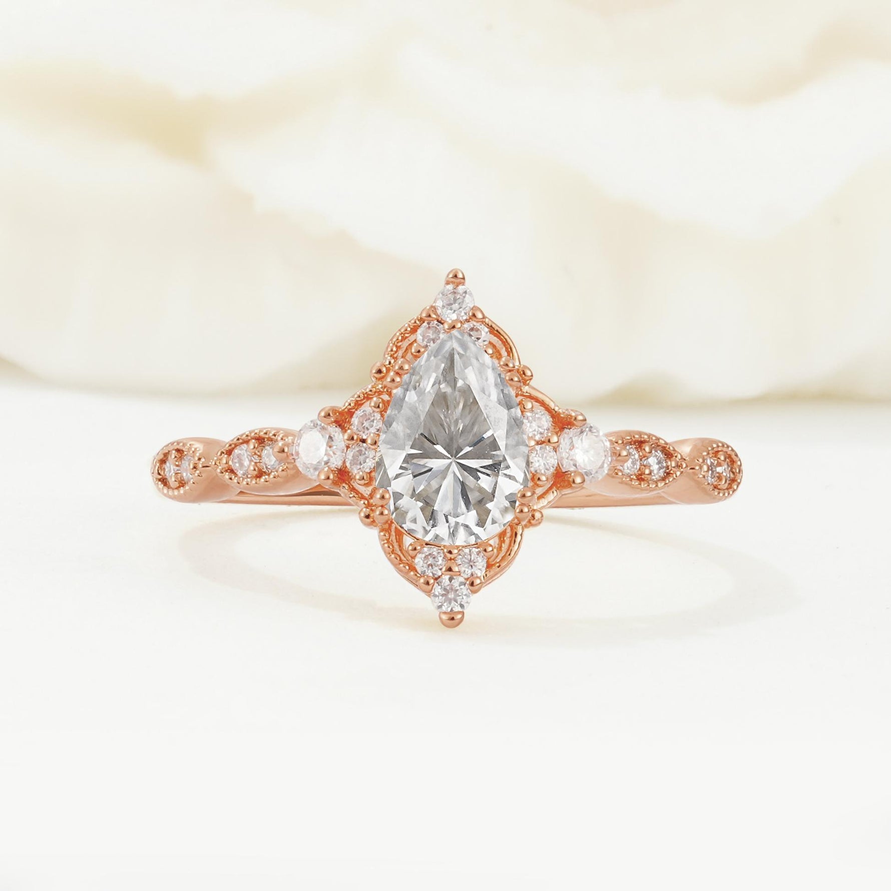 Vintage Pear Cut Tanzanite Scalloped Halo Engagement Ring - Additional view