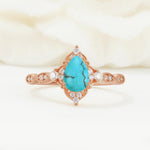 Vintage Pear Cut Turquoise Scalloped Halo Engagement Ring - Additional view