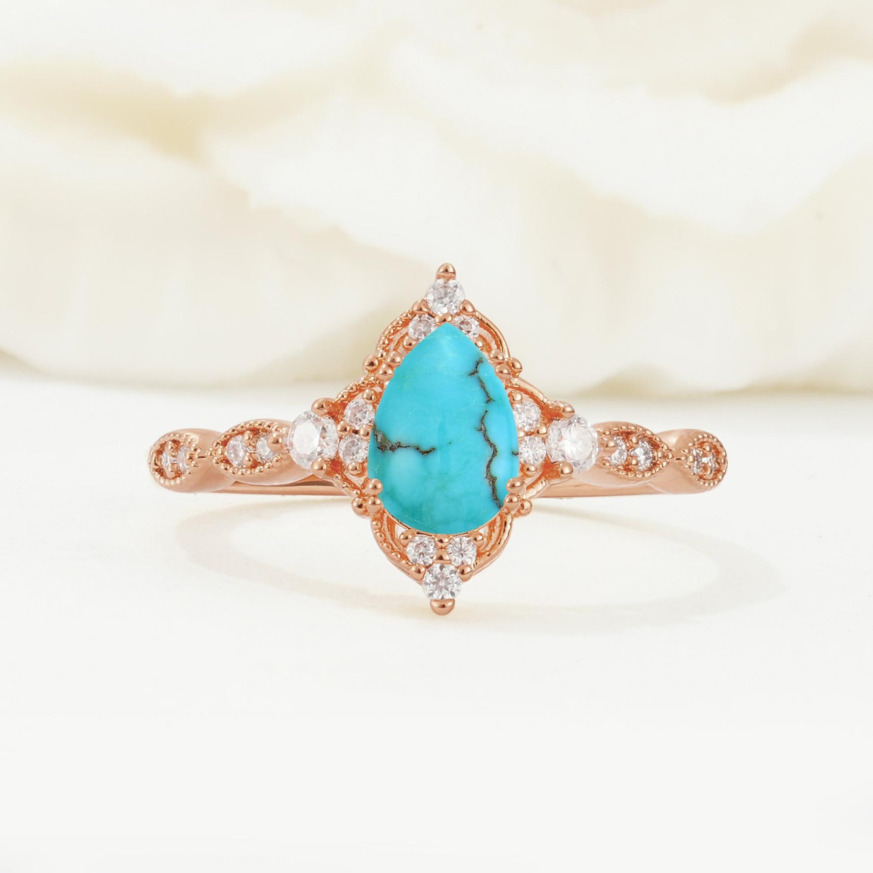 Vintage Pear Cut Turquoise Scalloped Halo Engagement Ring - Additional view