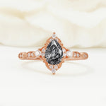 Vintage Pear Cut Black Rutilated Quartz Scalloped Halo Engagement Ring - Additional view