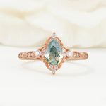 Vintage Pear Cut Moss Agate Scalloped Halo Engagement Ring - Additional view