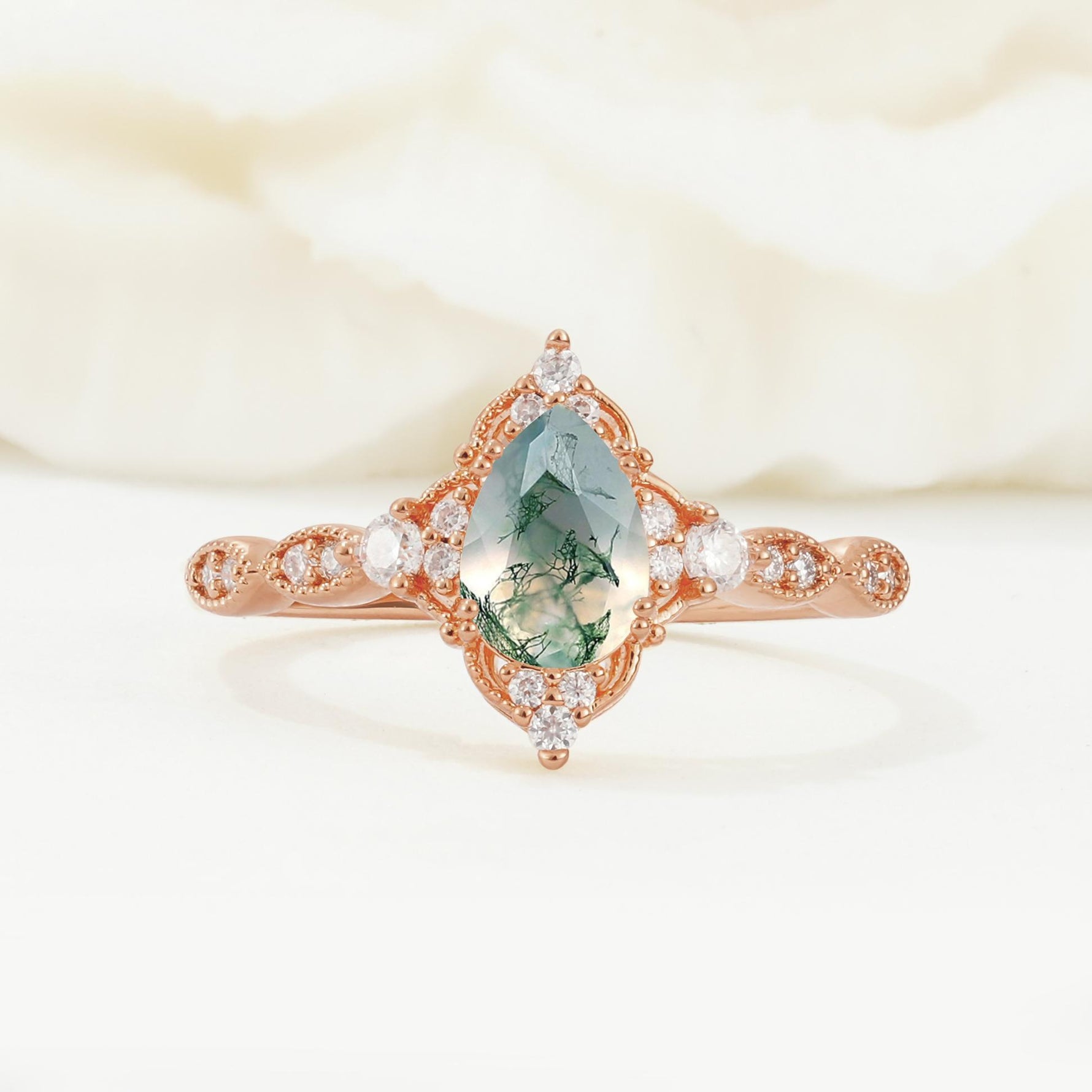 Vintage Pear Cut Moss Agate Scalloped Halo Engagement Ring - Additional view